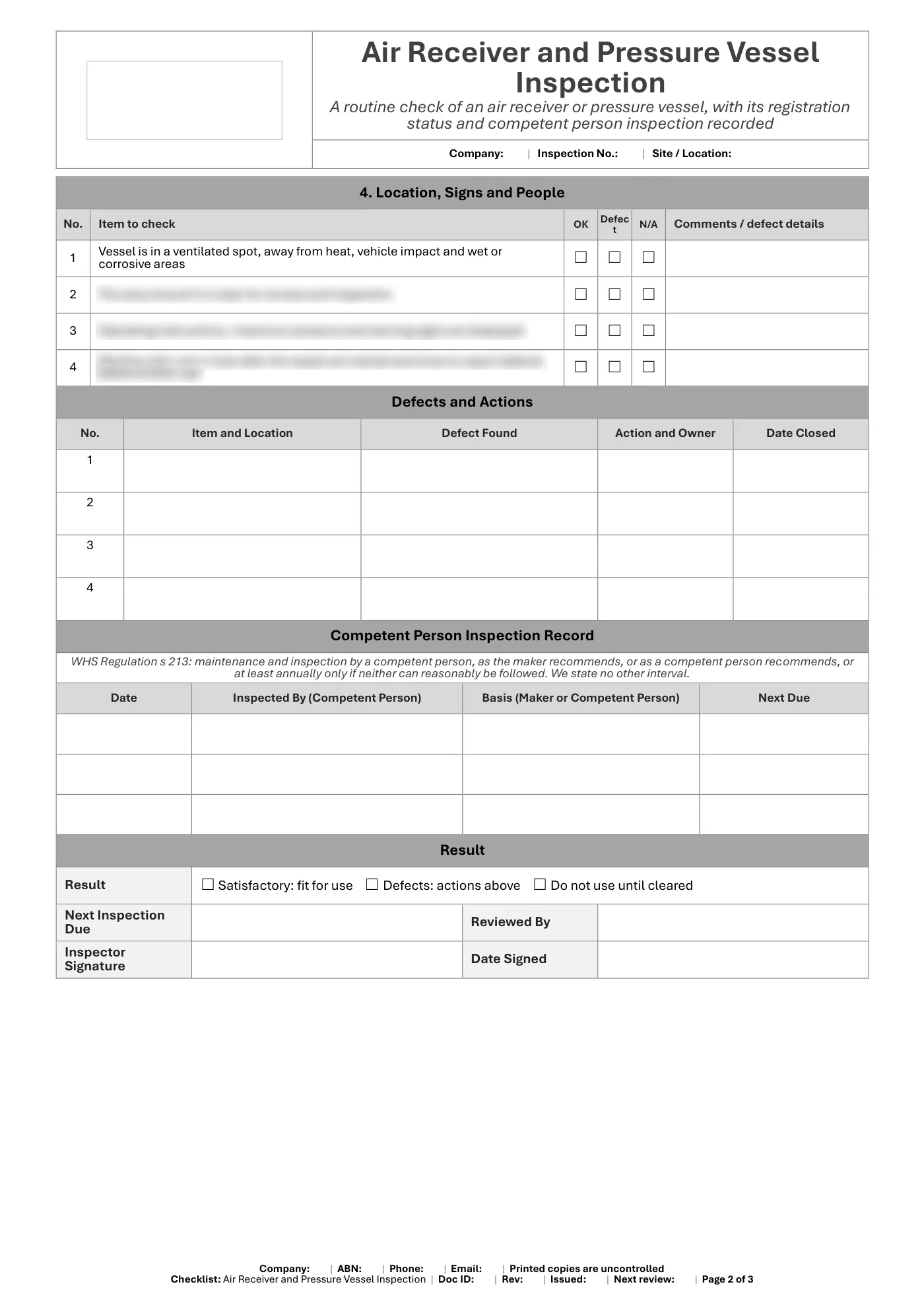 Air Receiver and Pressure Vessel Inspection Checklist: sample page 2