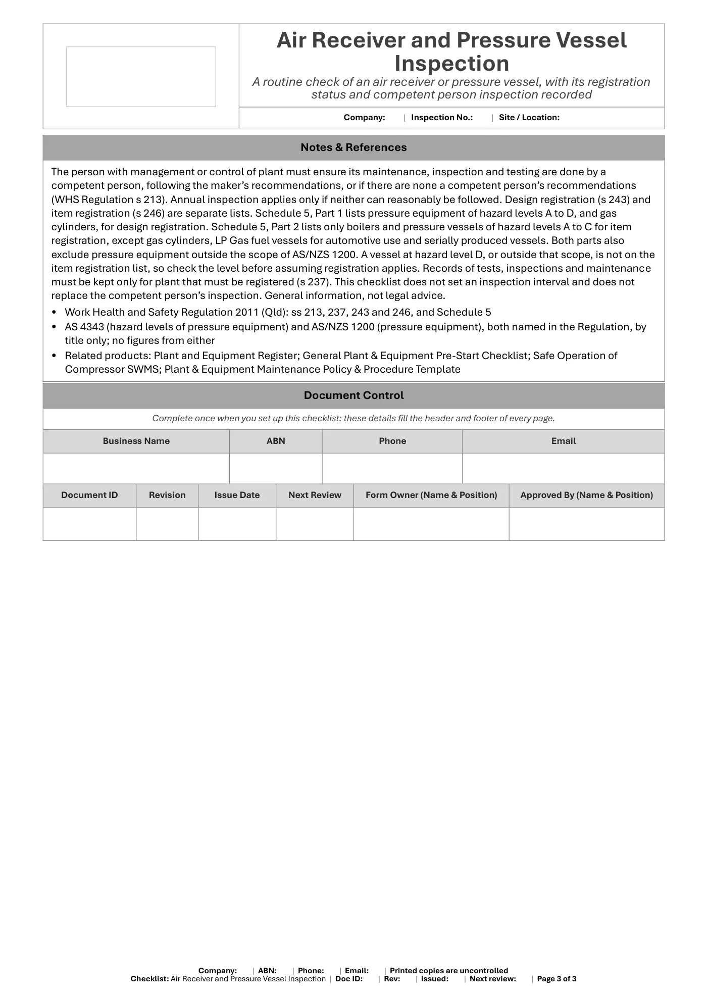 Air Receiver and Pressure Vessel Inspection Checklist: sample page 3