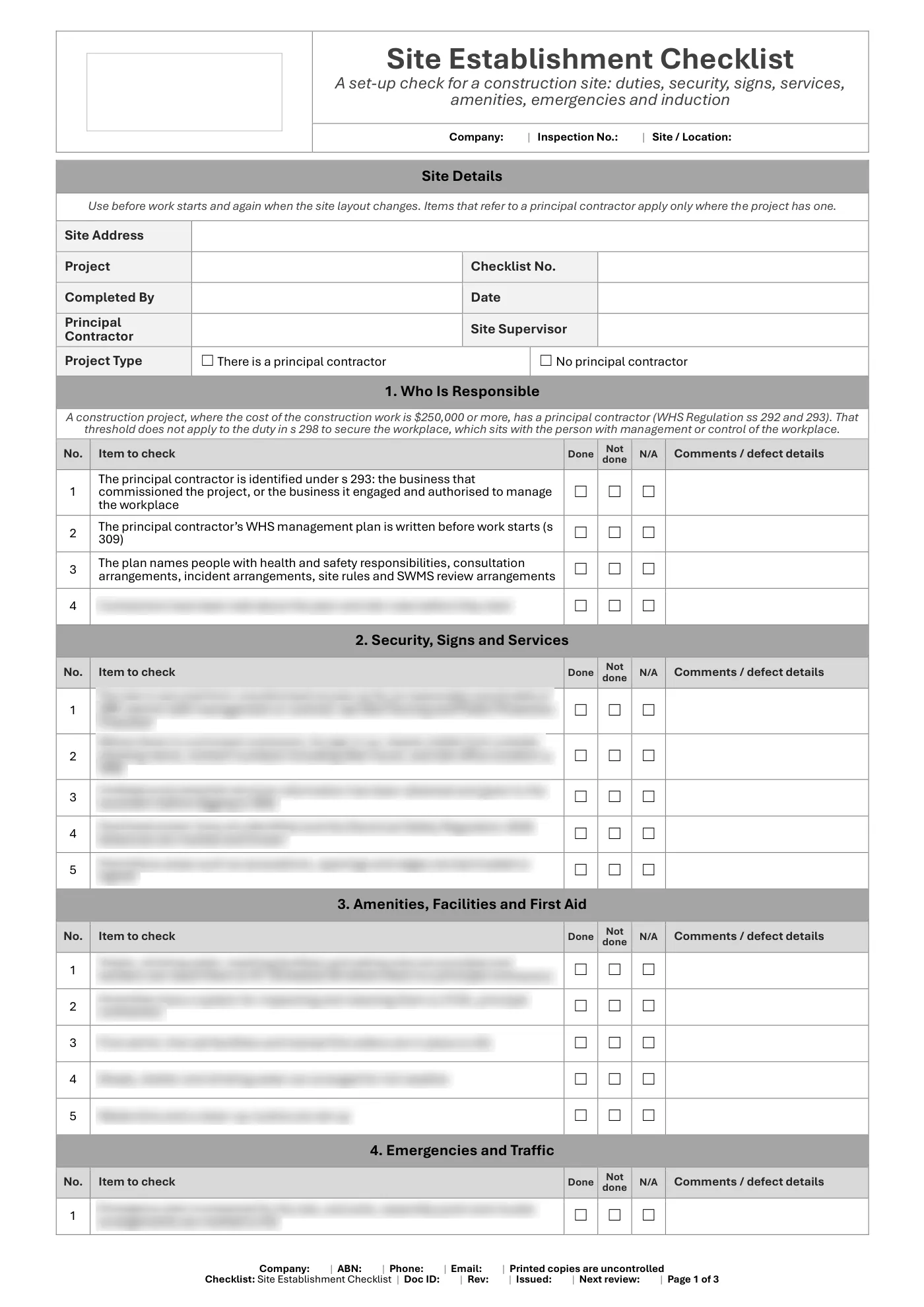 Site Establishment Checklist: sample page 1