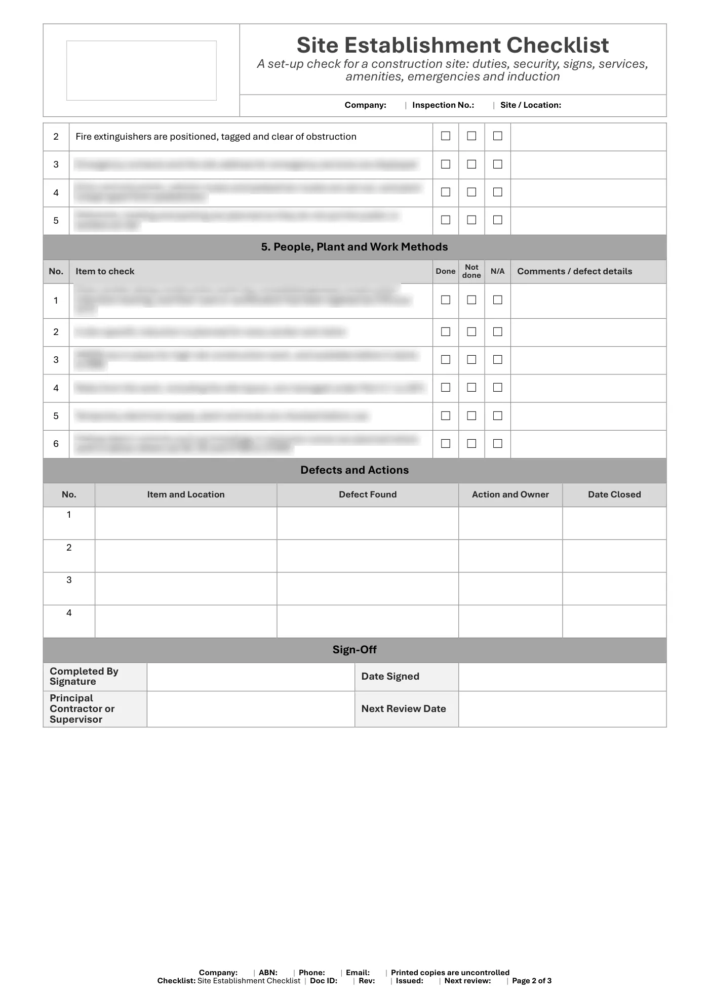 Site Establishment Checklist: sample page 2