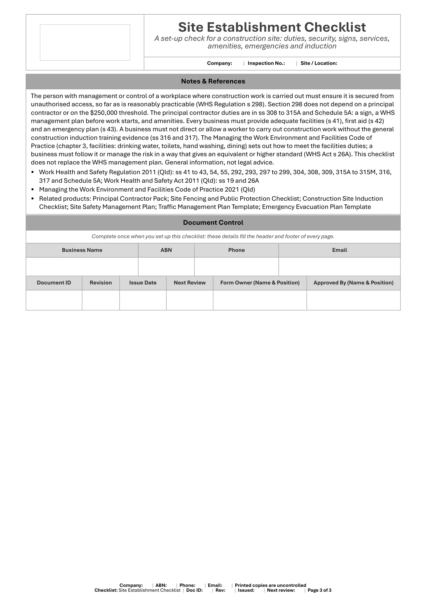 Site Establishment Checklist: sample page 3