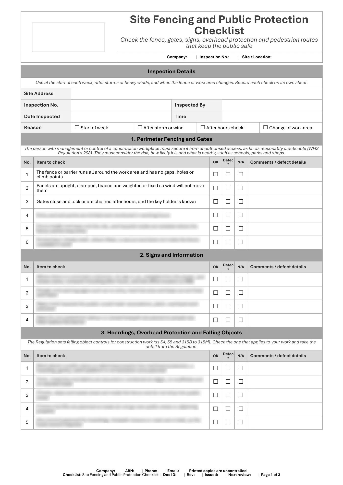 Site Fencing and Public Protection Checklist: sample page 1