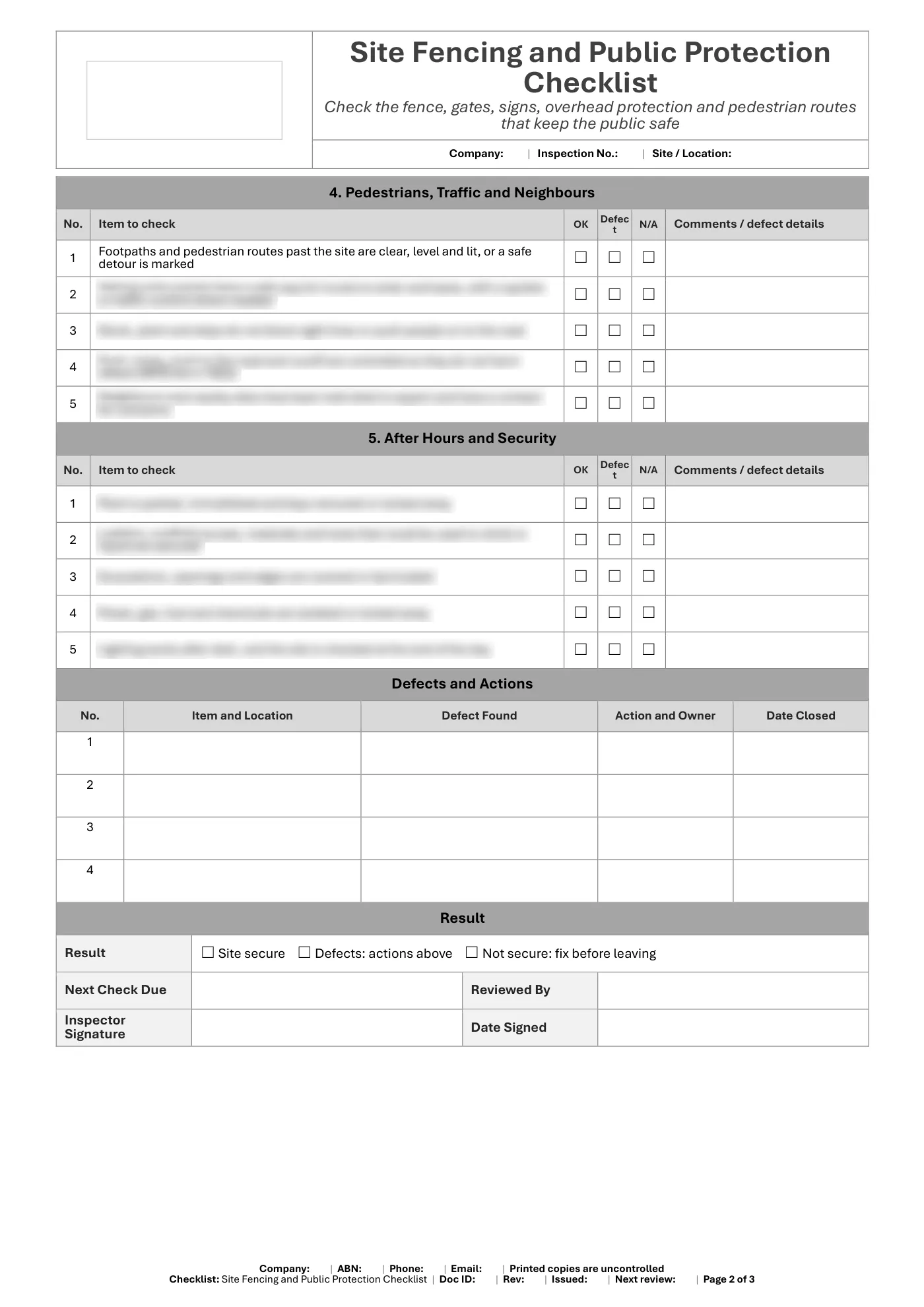Site Fencing and Public Protection Checklist: sample page 2
