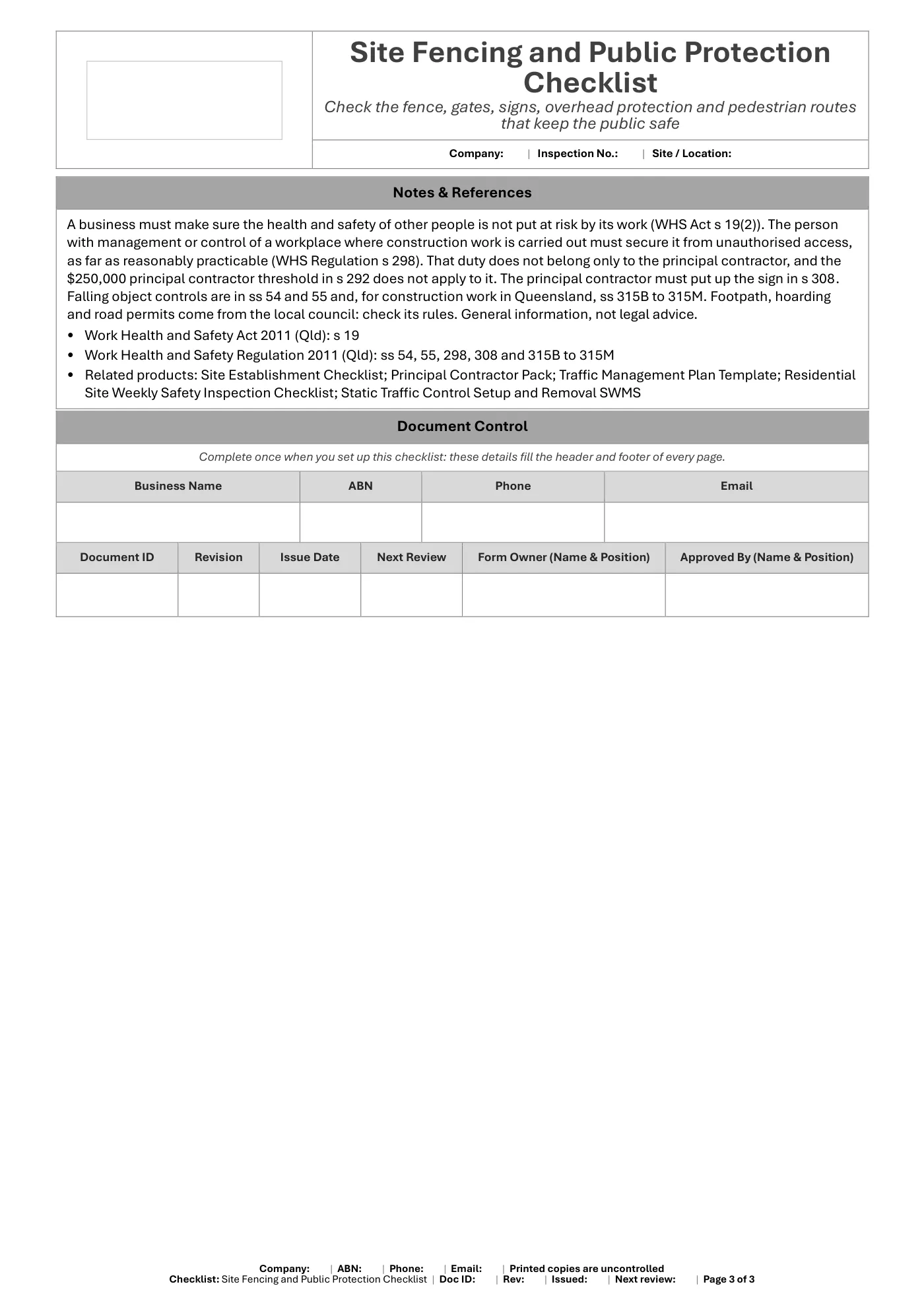 Site Fencing and Public Protection Checklist: sample page 3