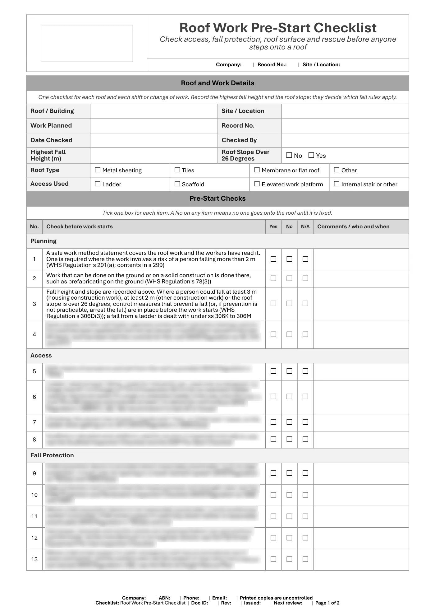 Roof Work Pre-Start Checklist: sample page 1