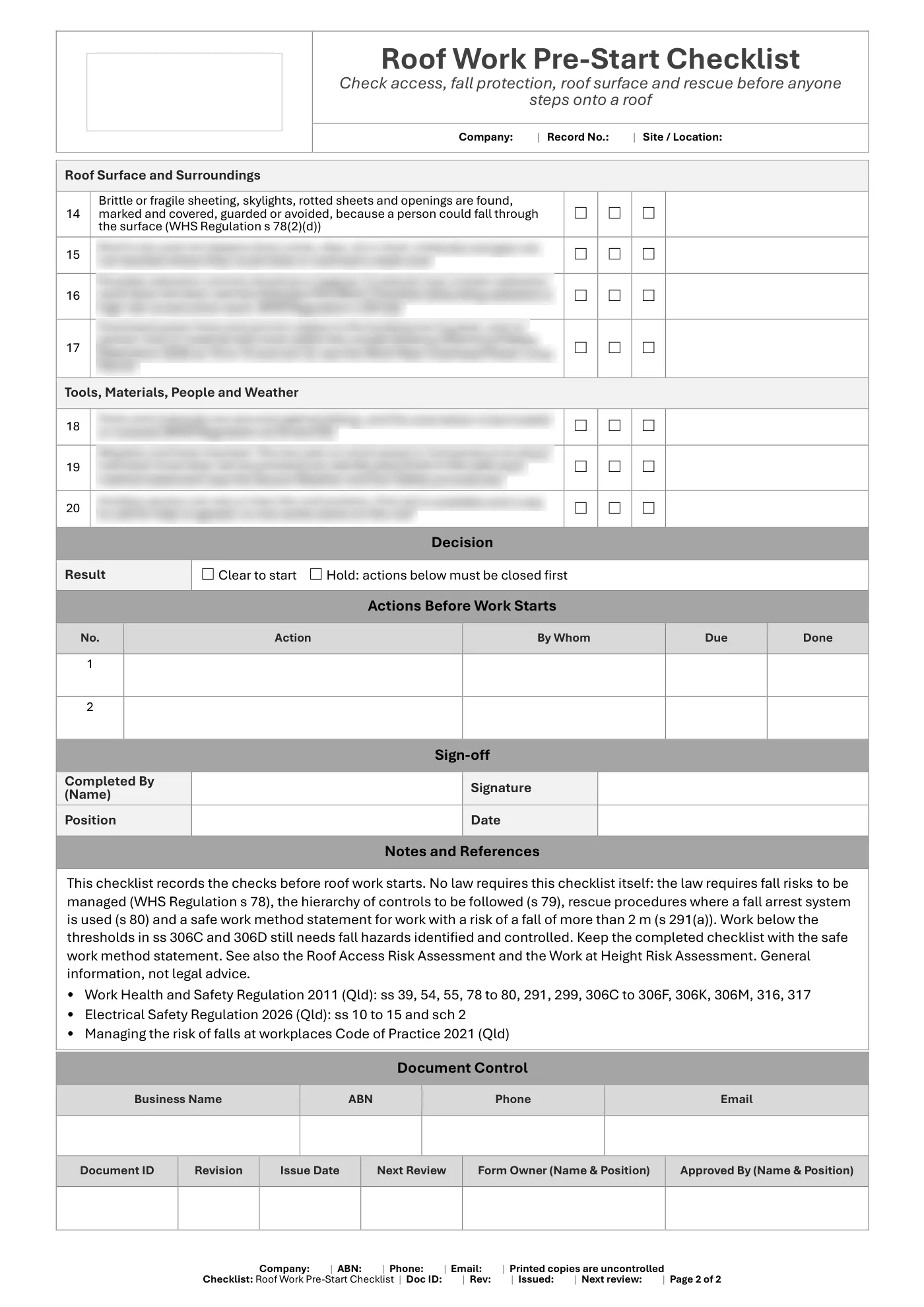 Roof Work Pre-Start Checklist: sample page 2