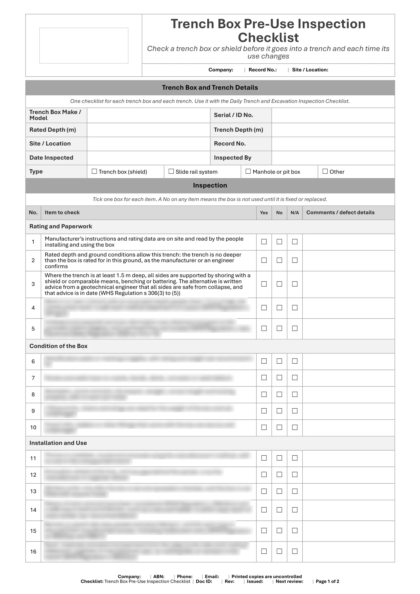 Trench Box Pre-Use Inspection Checklist: sample page 1