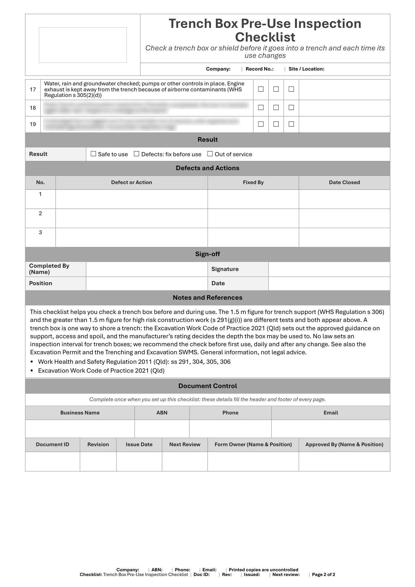 Trench Box Pre-Use Inspection Checklist: sample page 2