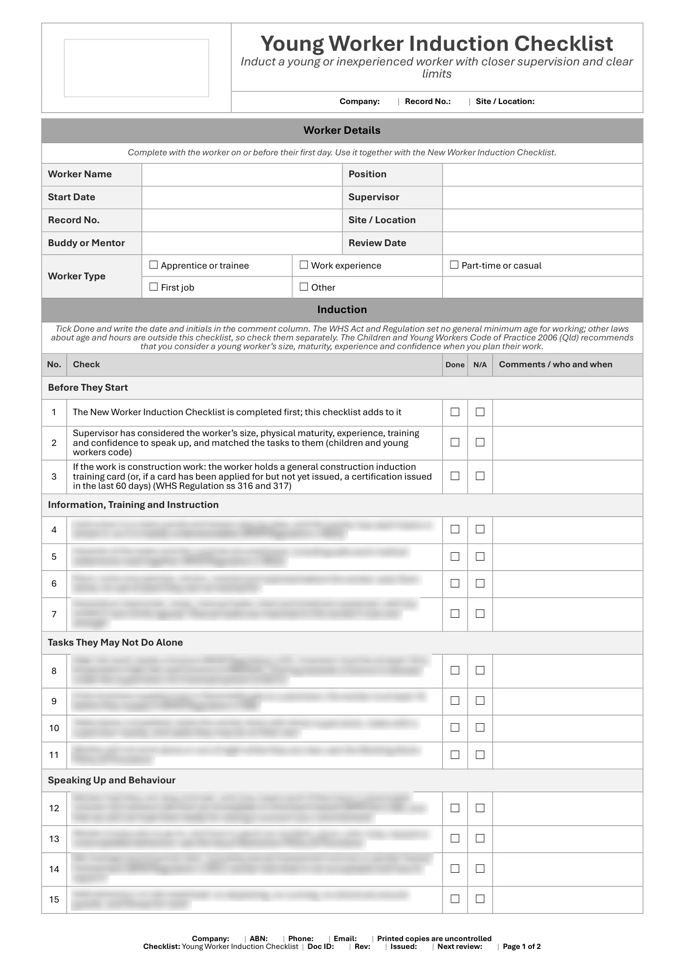 Young Worker Induction Checklist: sample page 1