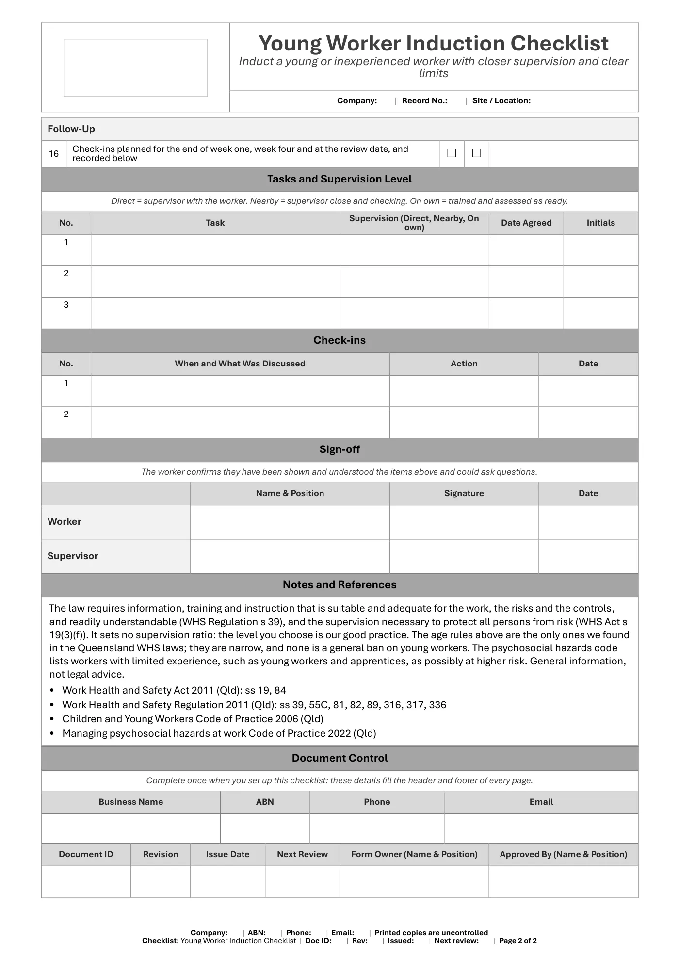 Young Worker Induction Checklist: sample page 2