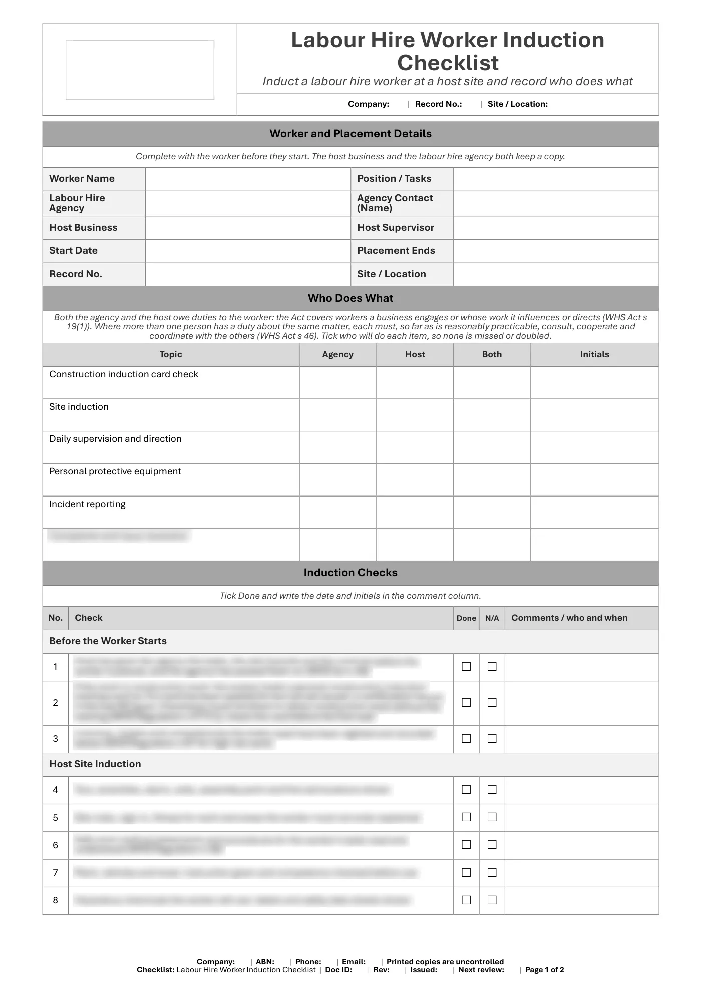 Labour Hire Worker Induction Checklist: sample page 1