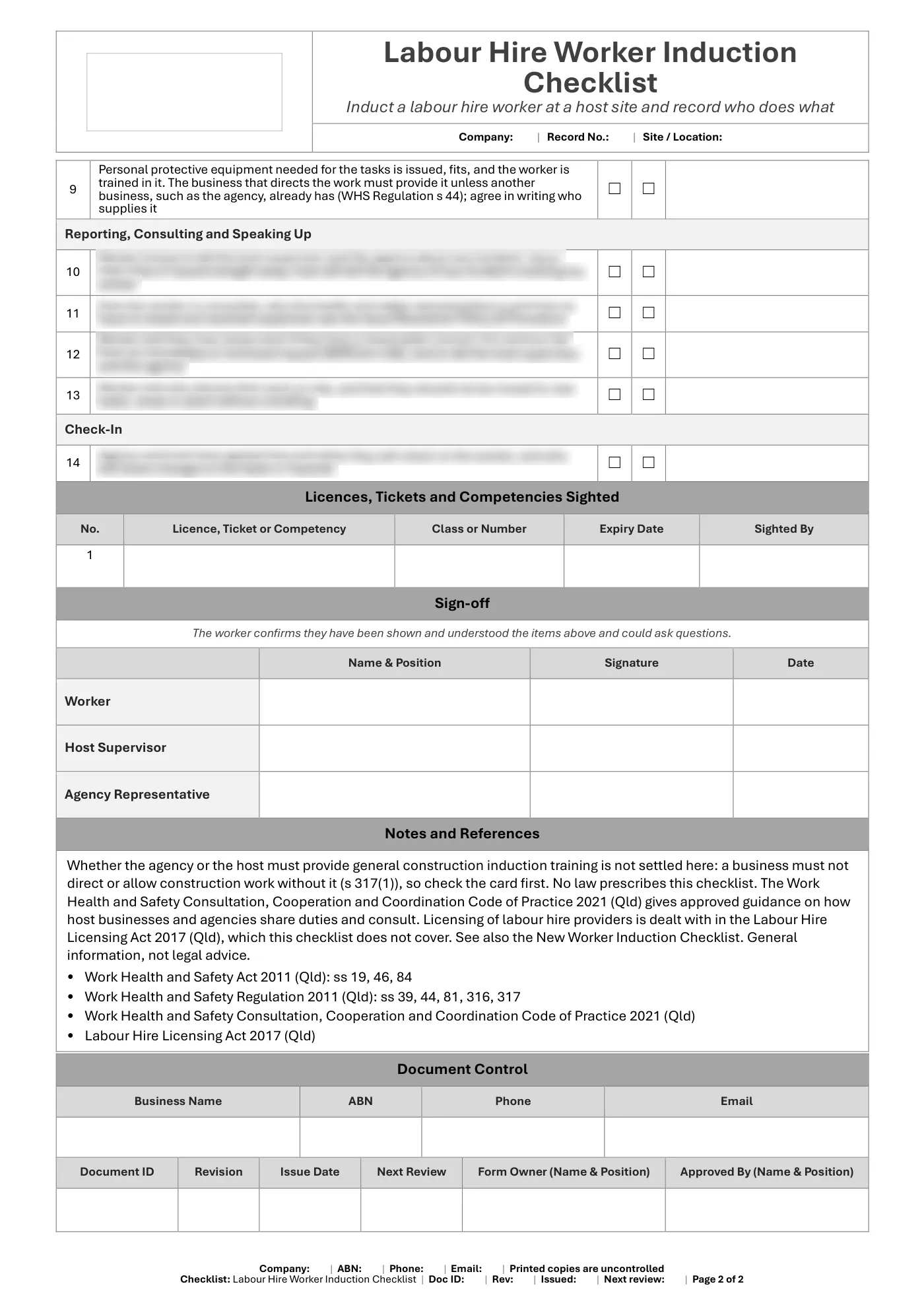 Labour Hire Worker Induction Checklist: sample page 2