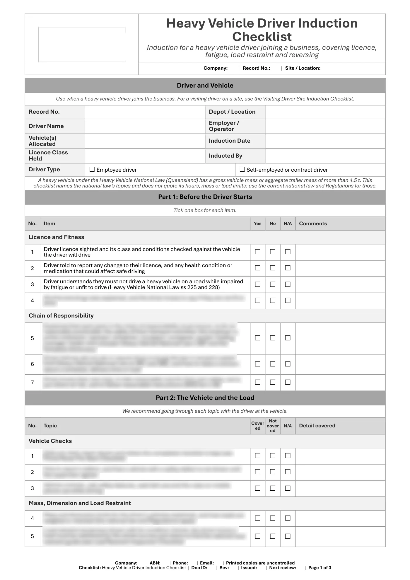 Heavy Vehicle Driver Induction Checklist: sample page 1