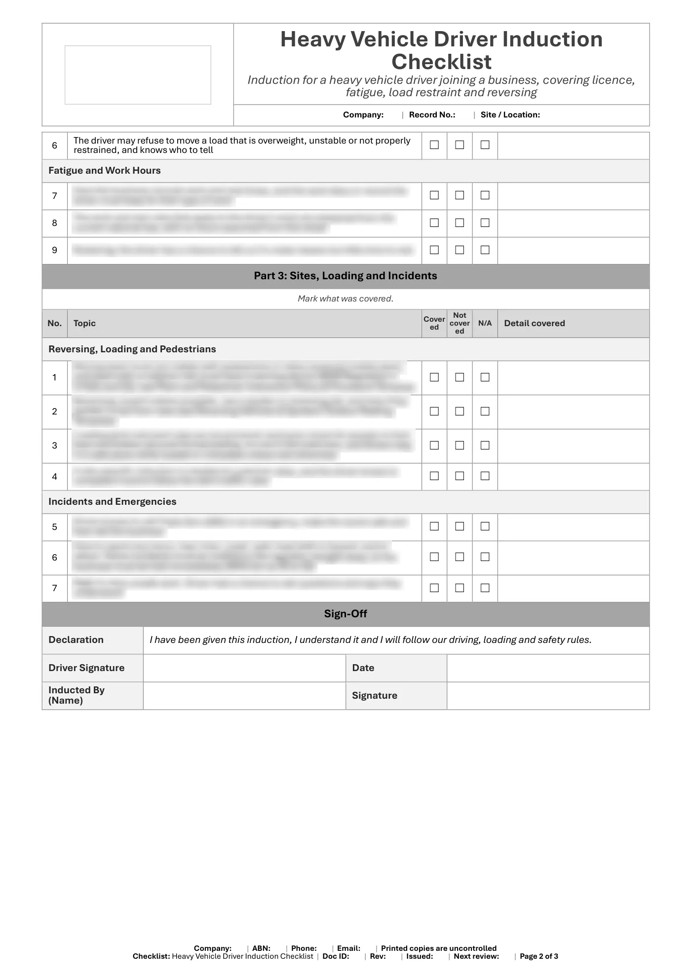 Heavy Vehicle Driver Induction Checklist: sample page 2