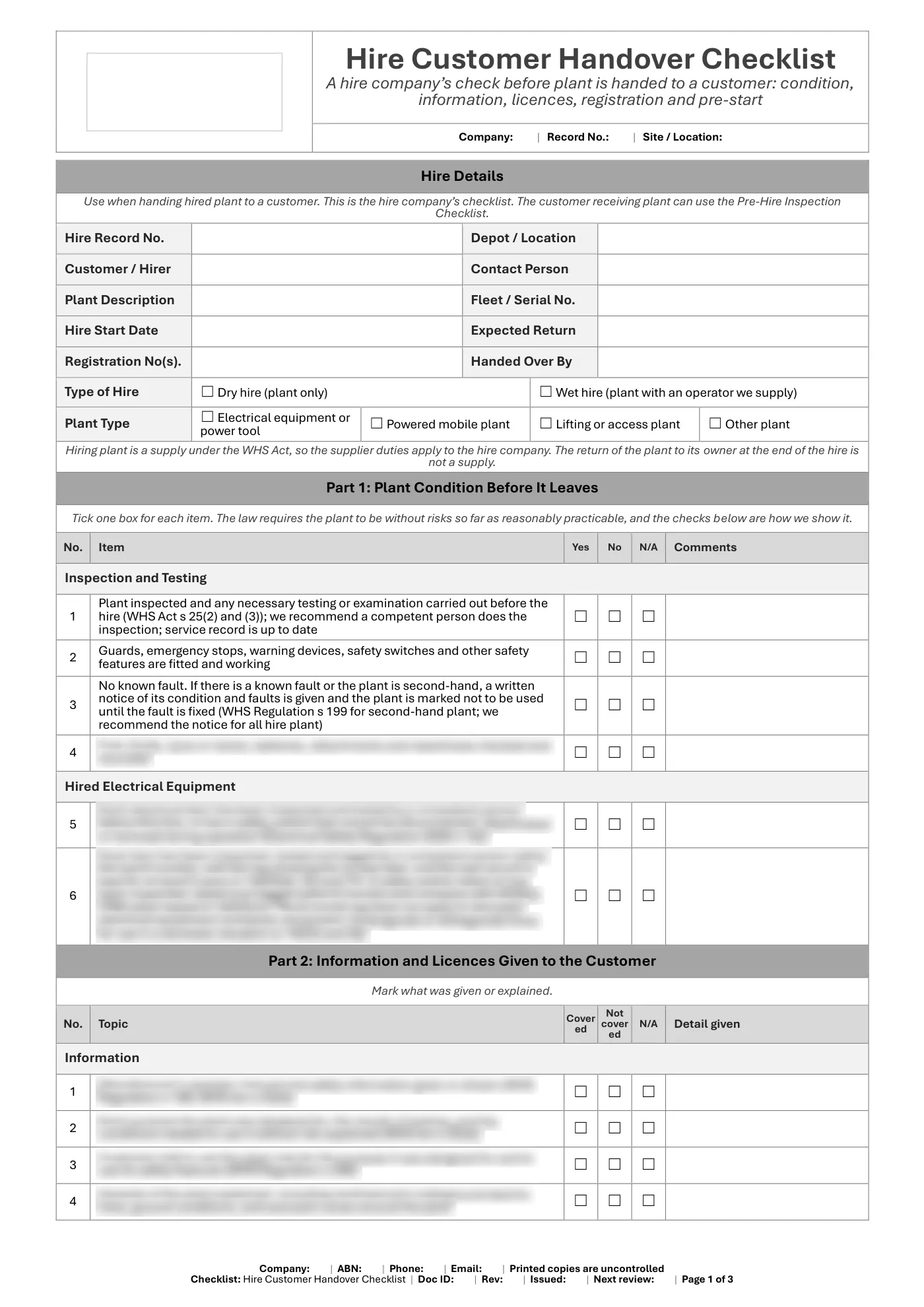 Hire Customer Handover Checklist: sample page 1
