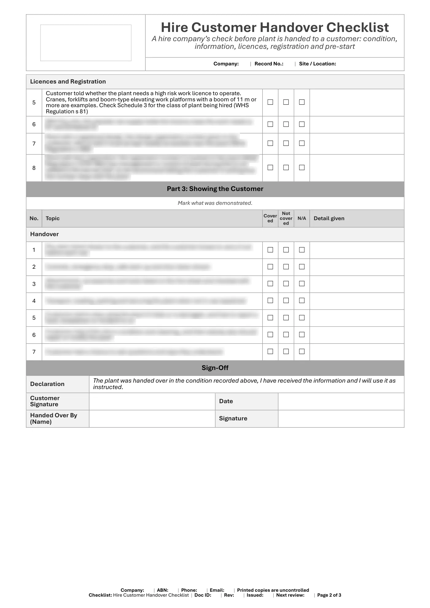 Hire Customer Handover Checklist: sample page 2