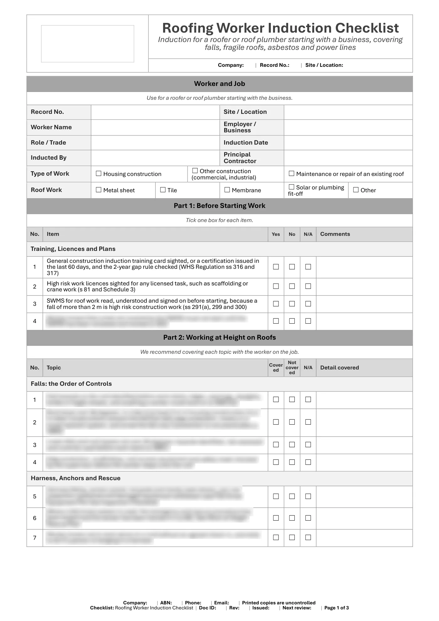Roofing Worker Induction Checklist: sample page 1