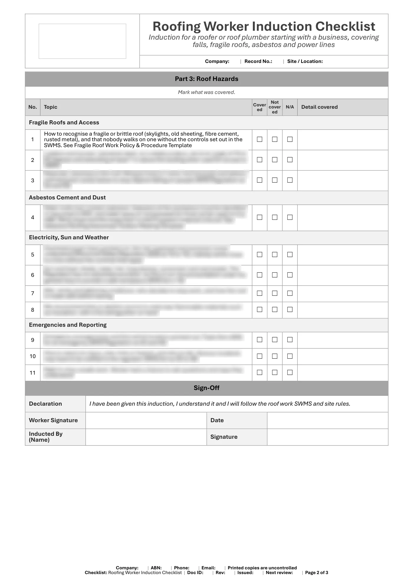 Roofing Worker Induction Checklist: sample page 2