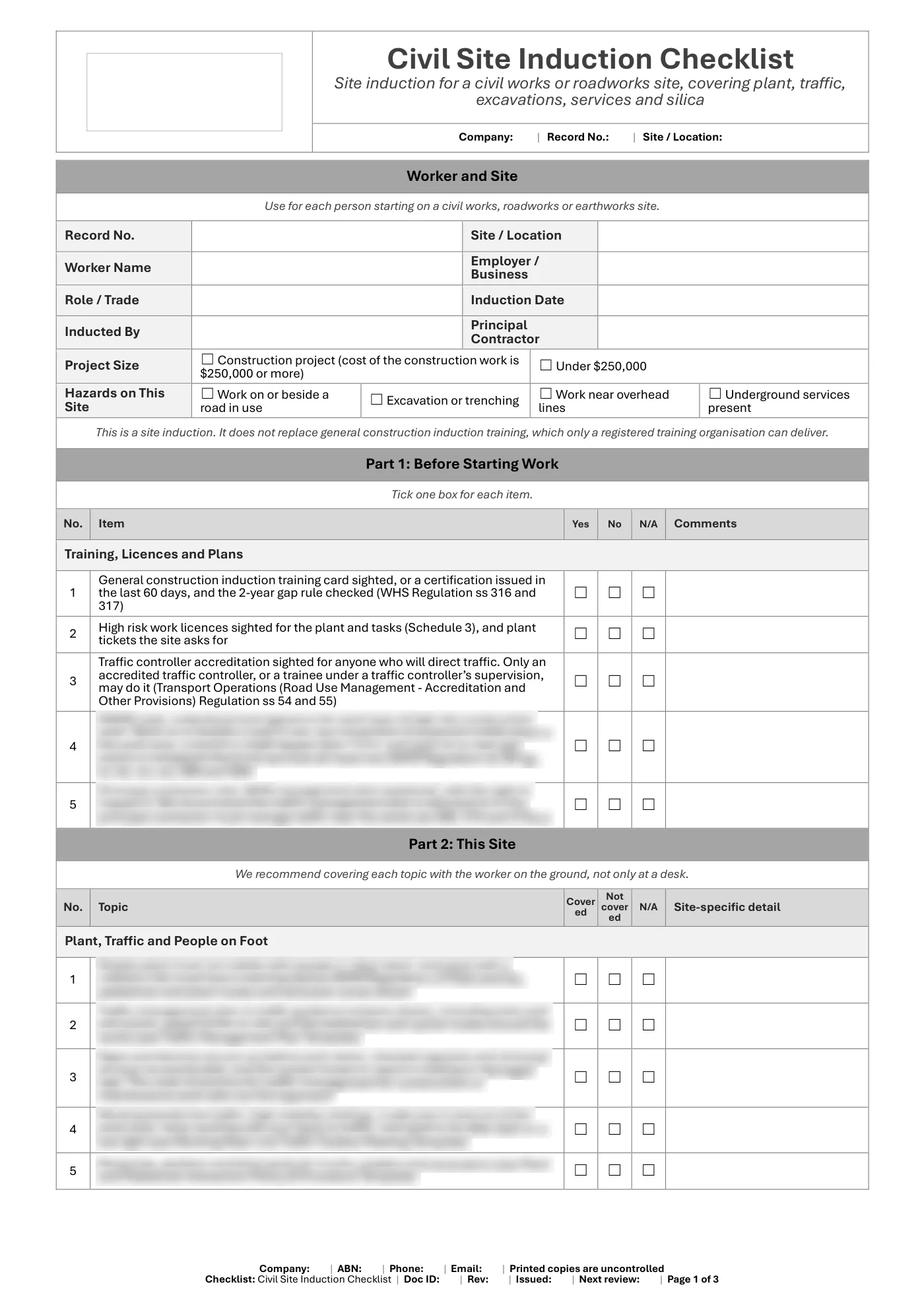 Civil Site Induction Checklist: sample page 1