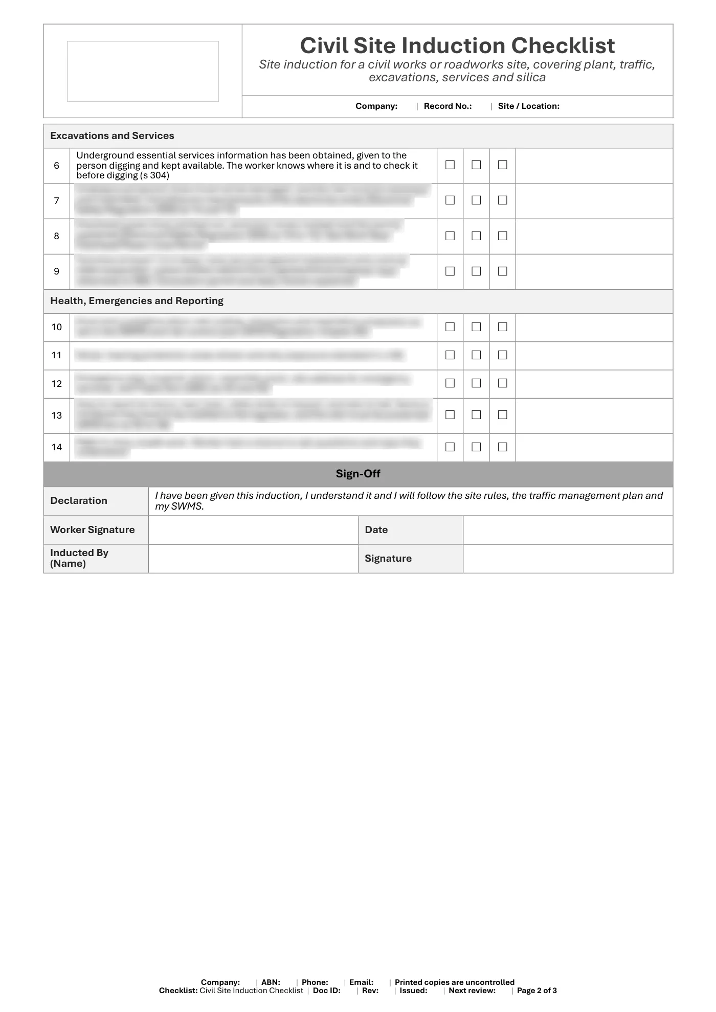 Civil Site Induction Checklist: sample page 2