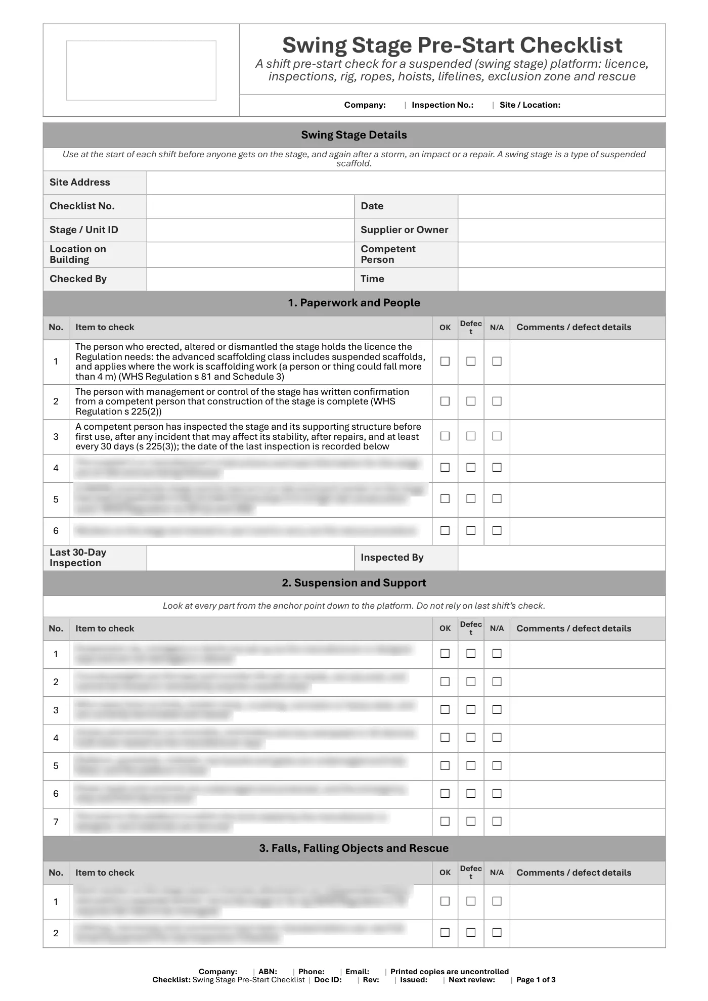 Swing Stage Pre-Start Checklist: sample page 1