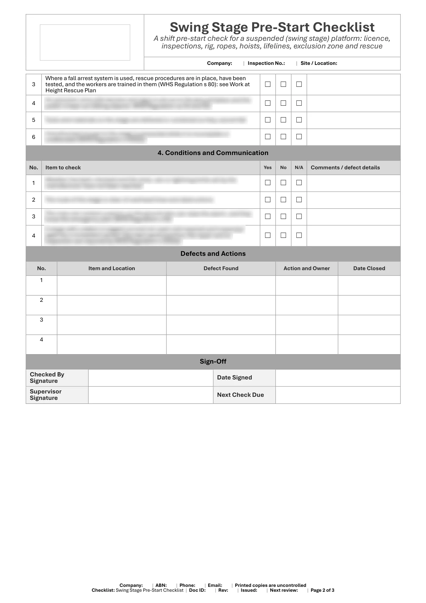 Swing Stage Pre-Start Checklist: sample page 2