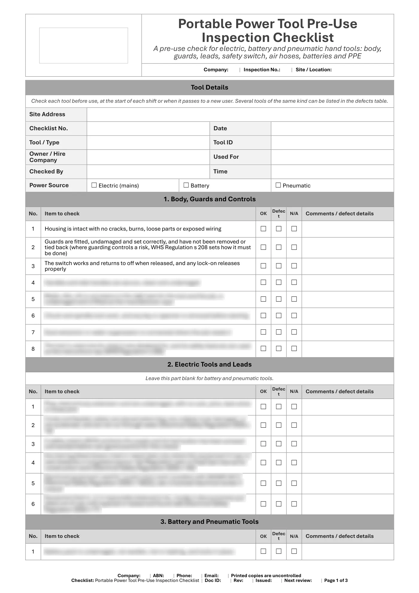 Portable Power Tool Pre-Use Inspection Checklist: sample page 1