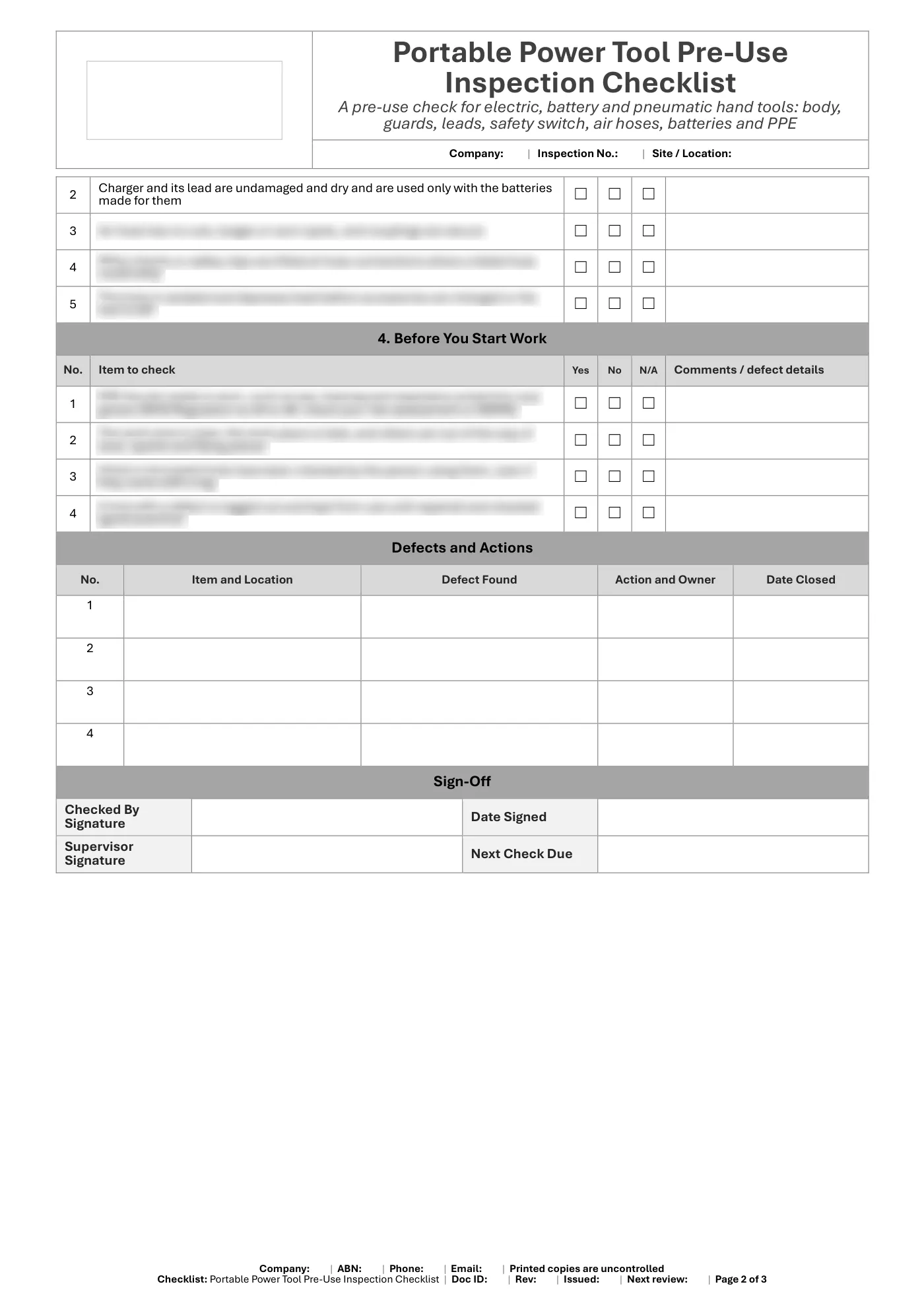 Portable Power Tool Pre-Use Inspection Checklist: sample page 2