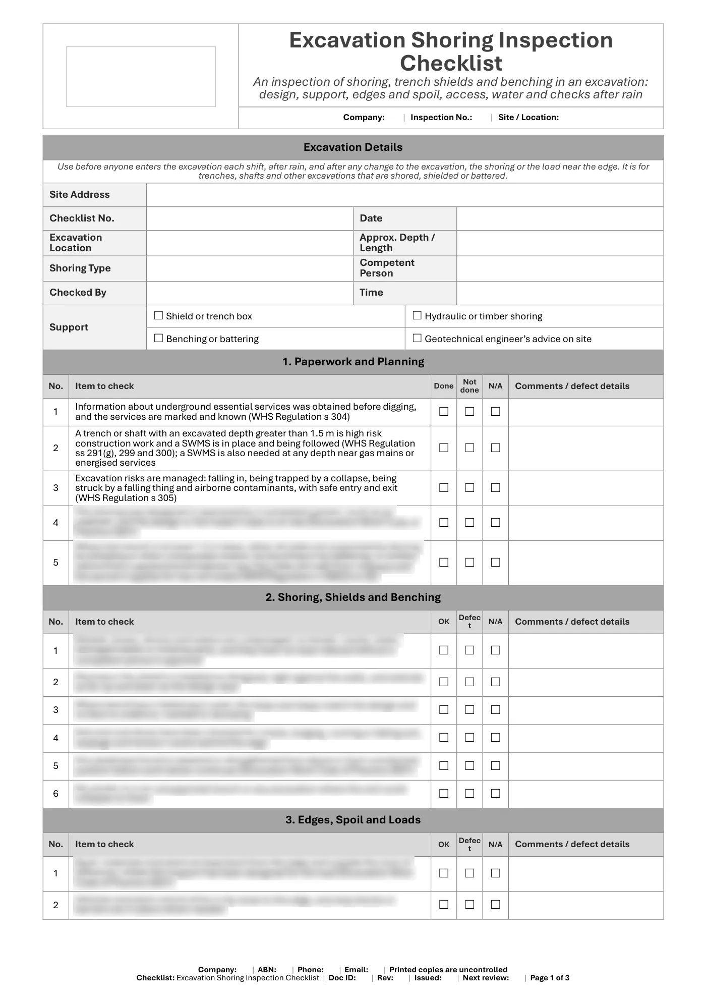 Excavation Shoring Inspection Checklist: sample page 1