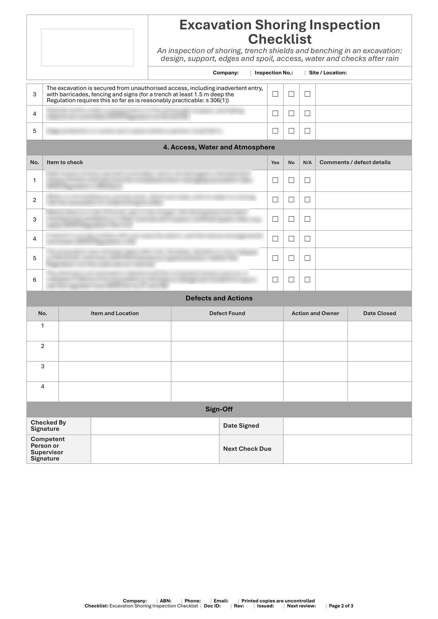 Excavation Shoring Inspection Checklist: sample page 2