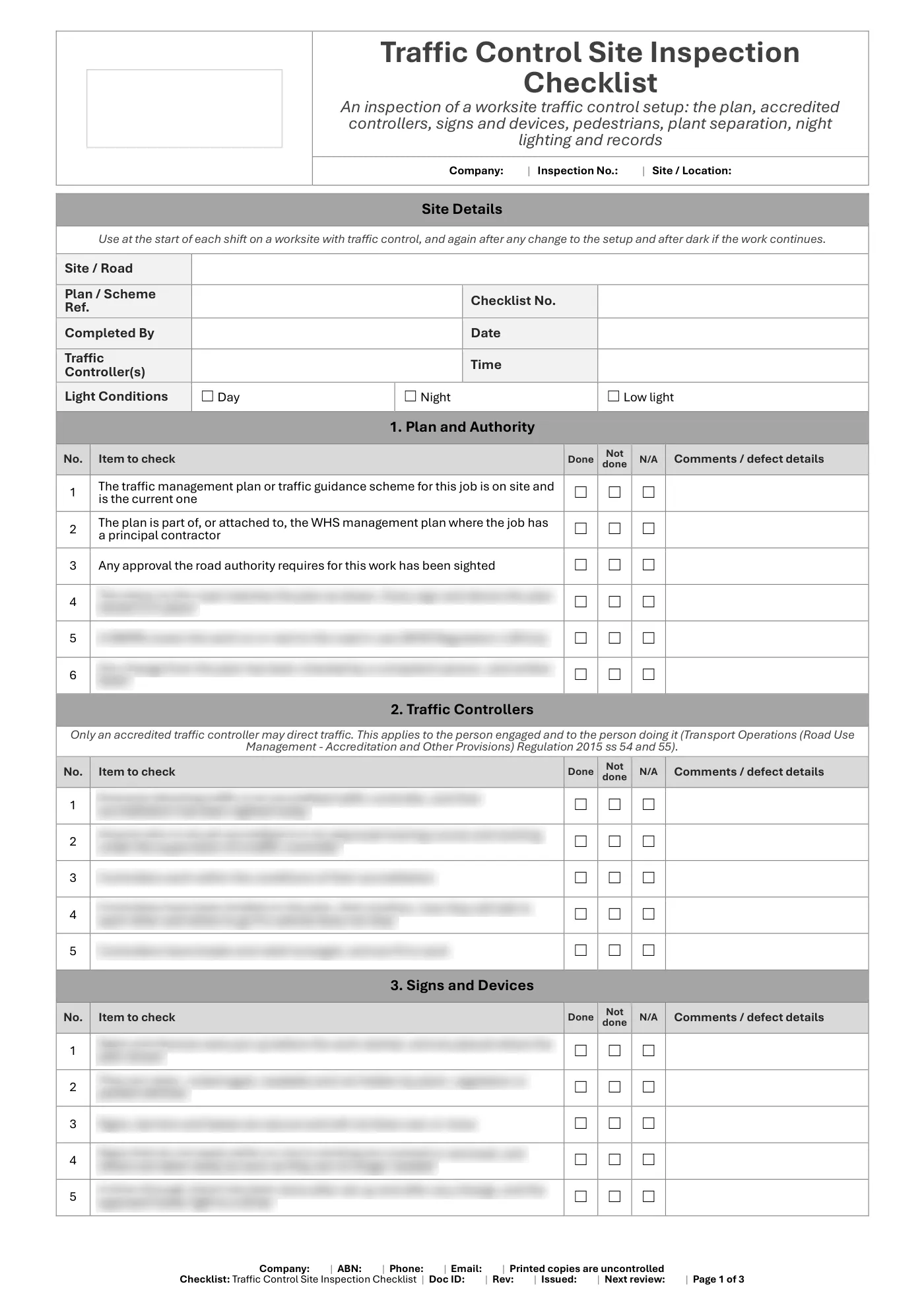 Traffic Control Site Inspection Checklist: sample page 1