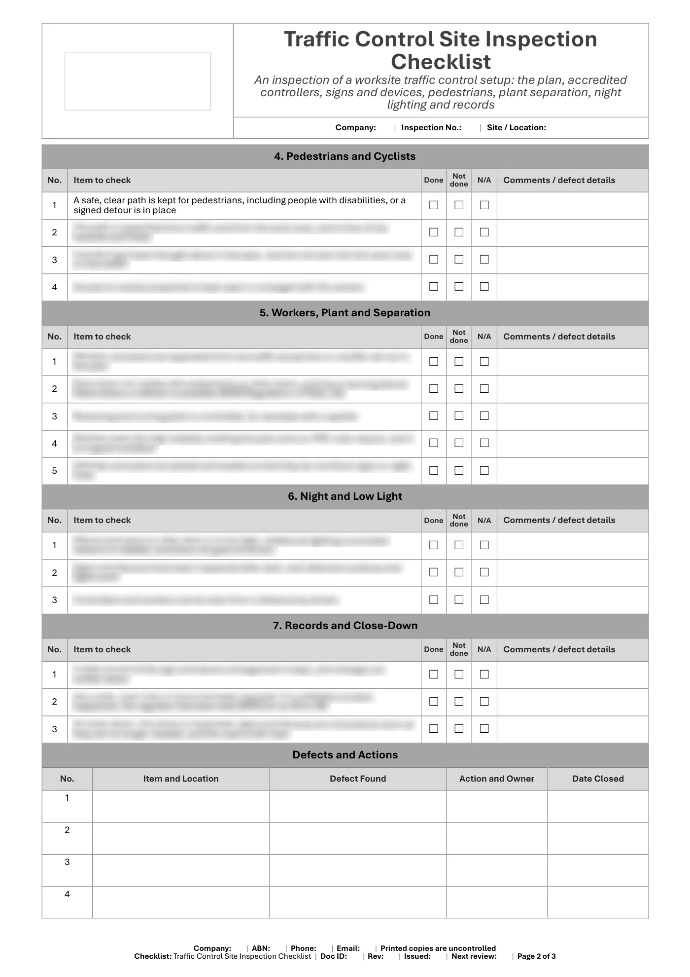 Traffic Control Site Inspection Checklist: sample page 2