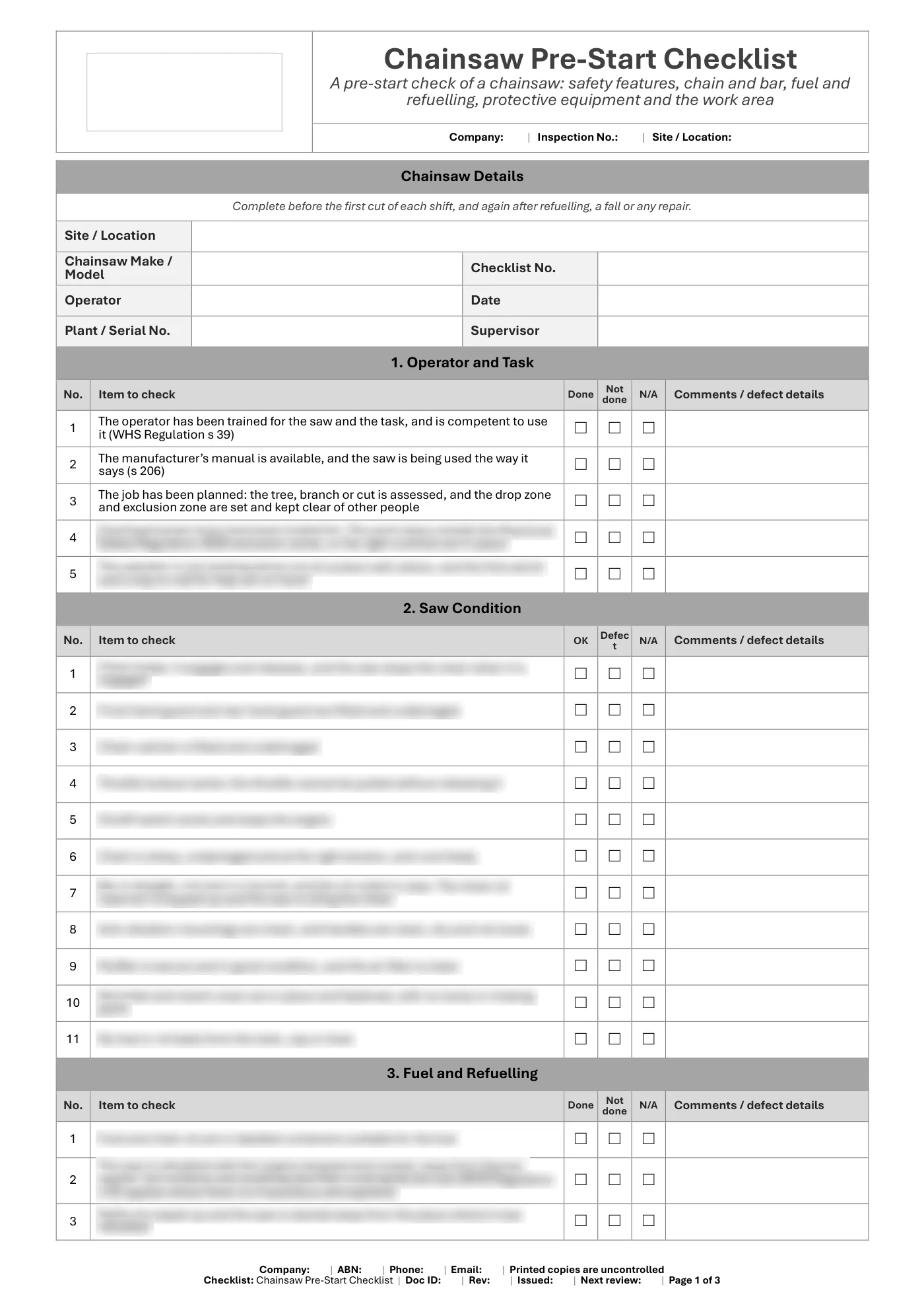 Chainsaw Pre-Start Checklist: sample page 1