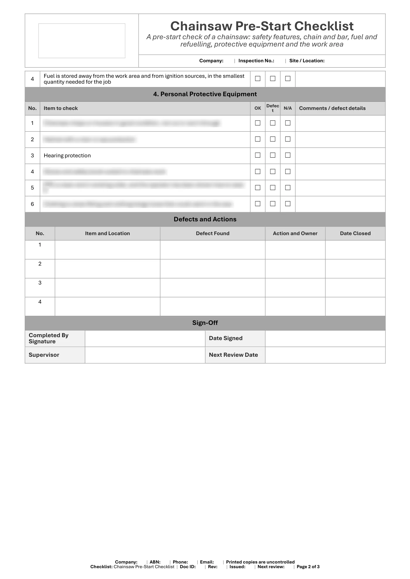 Chainsaw Pre-Start Checklist: sample page 2