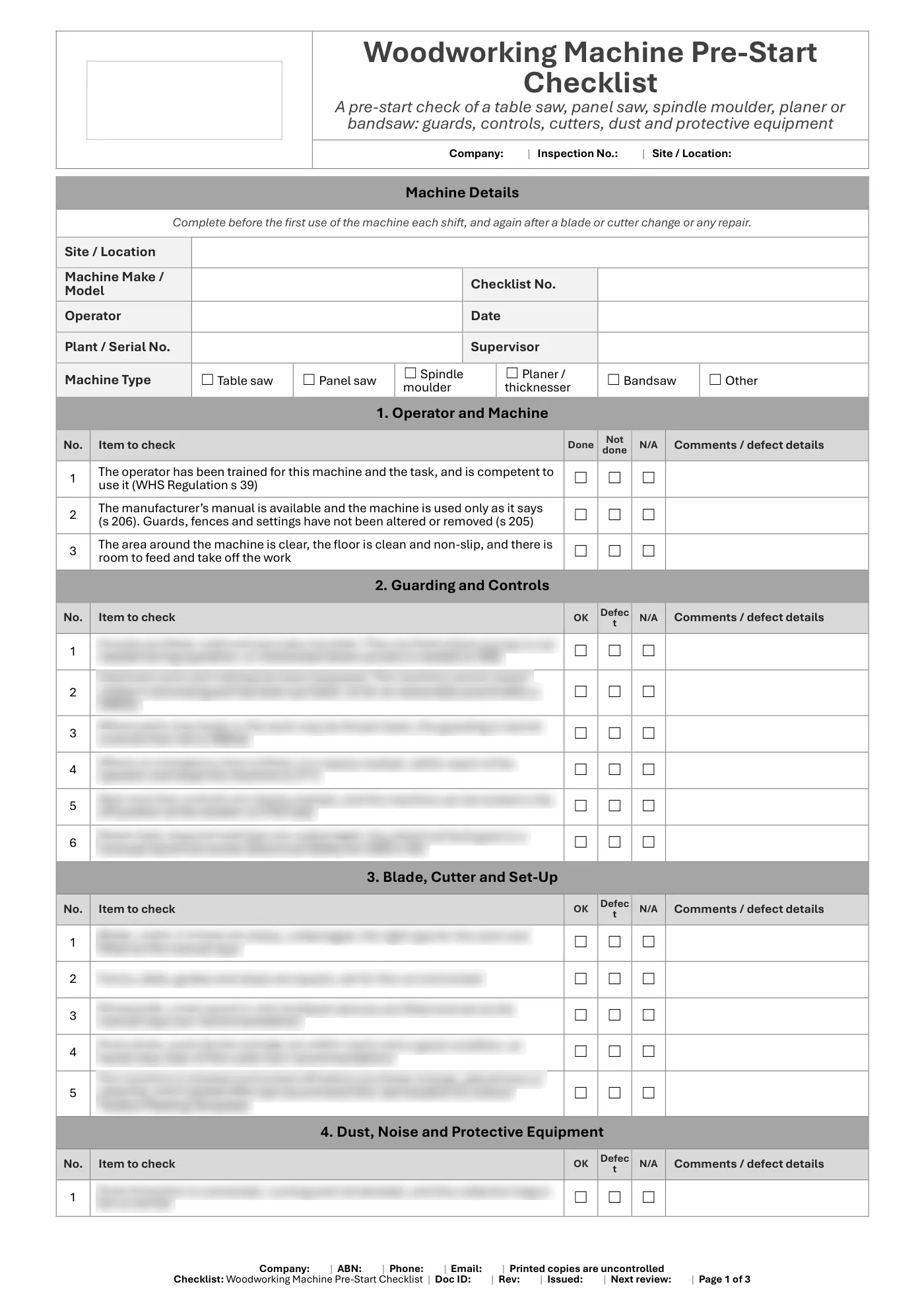 Woodworking Machine Pre-Start Checklist: sample page 1