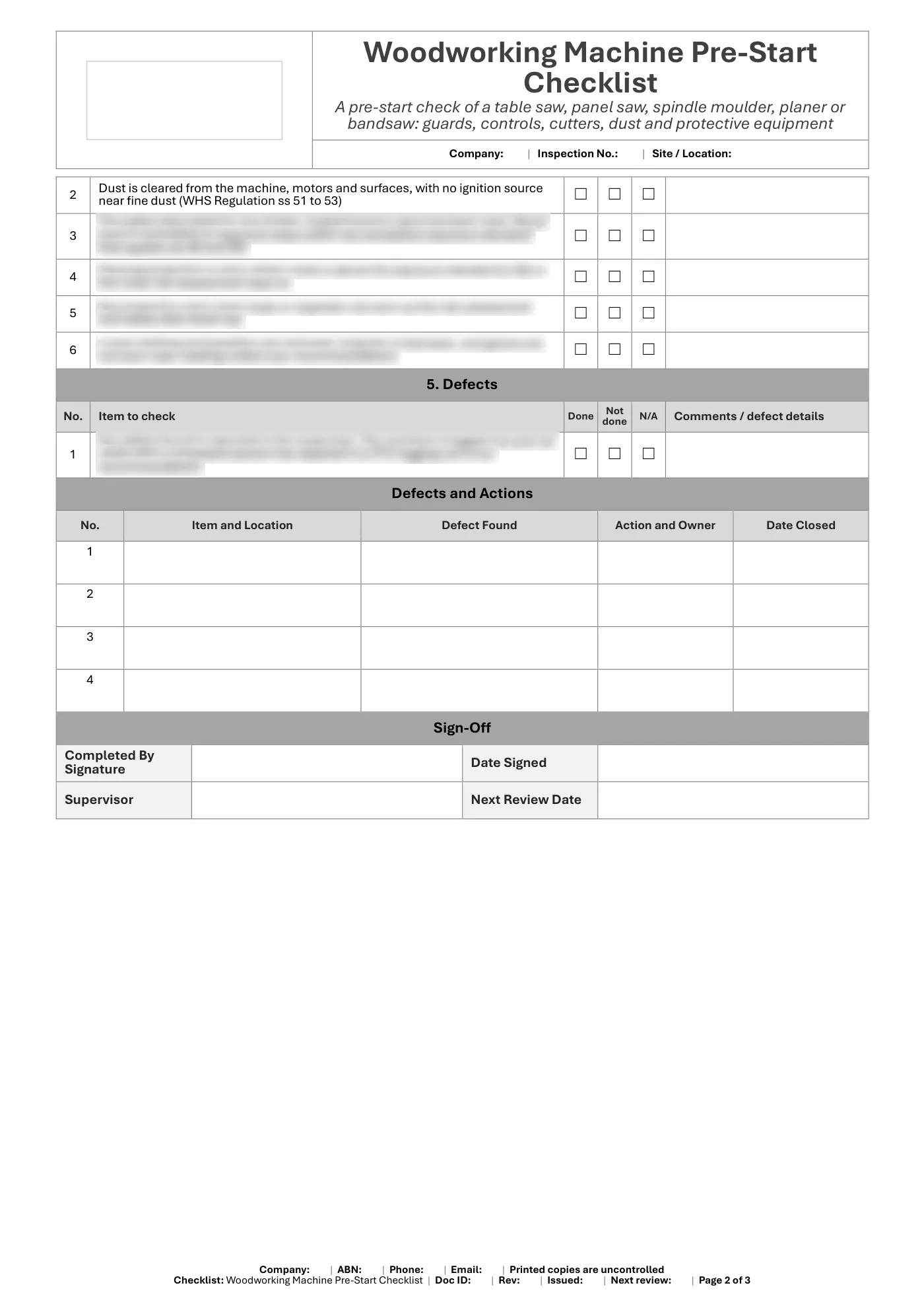 Woodworking Machine Pre-Start Checklist: sample page 2