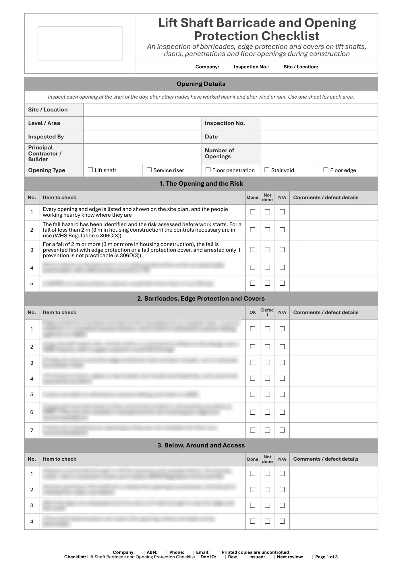 Lift Shaft Barricade and Opening Protection Checklist: sample page 1