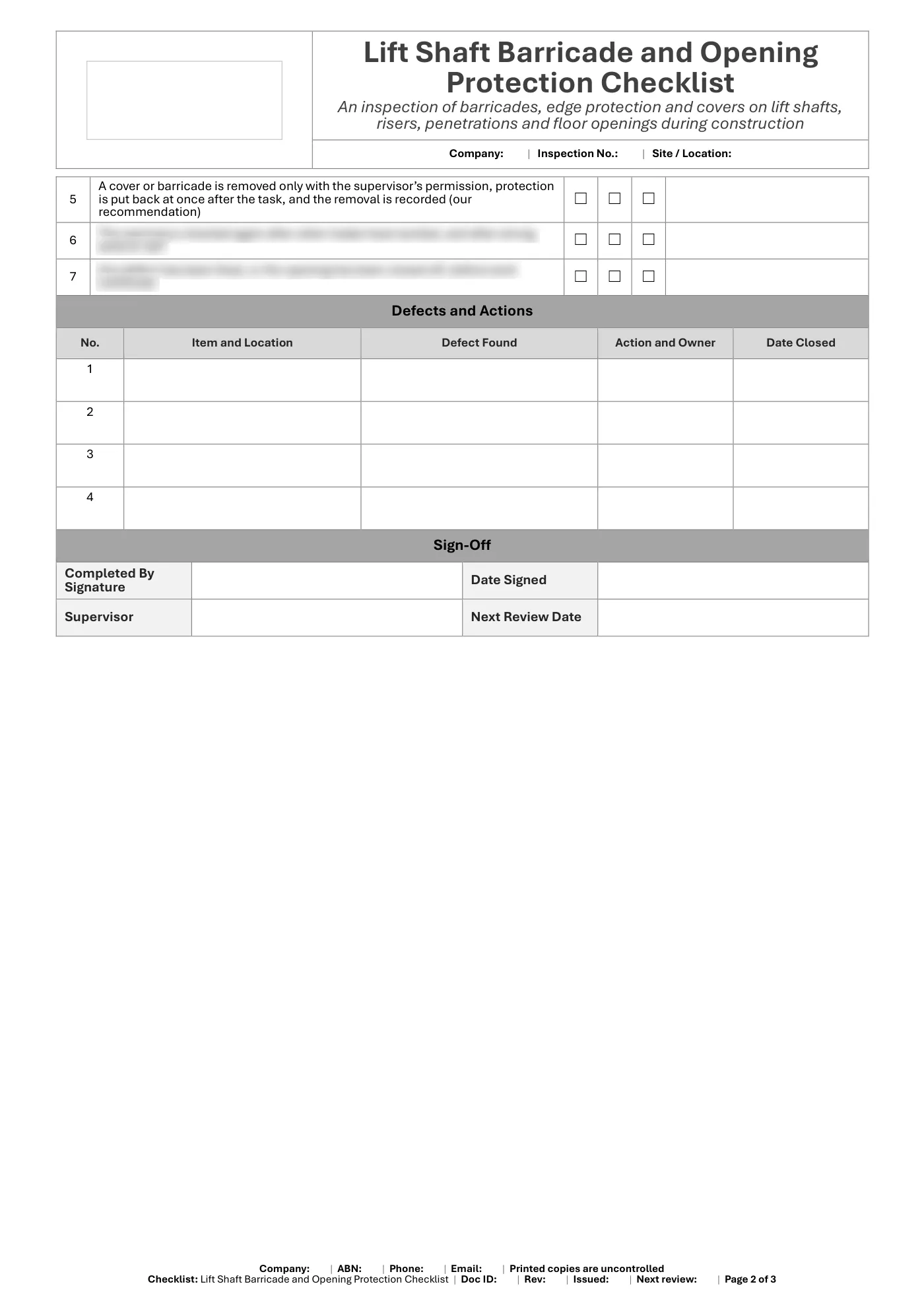 Lift Shaft Barricade and Opening Protection Checklist: sample page 2