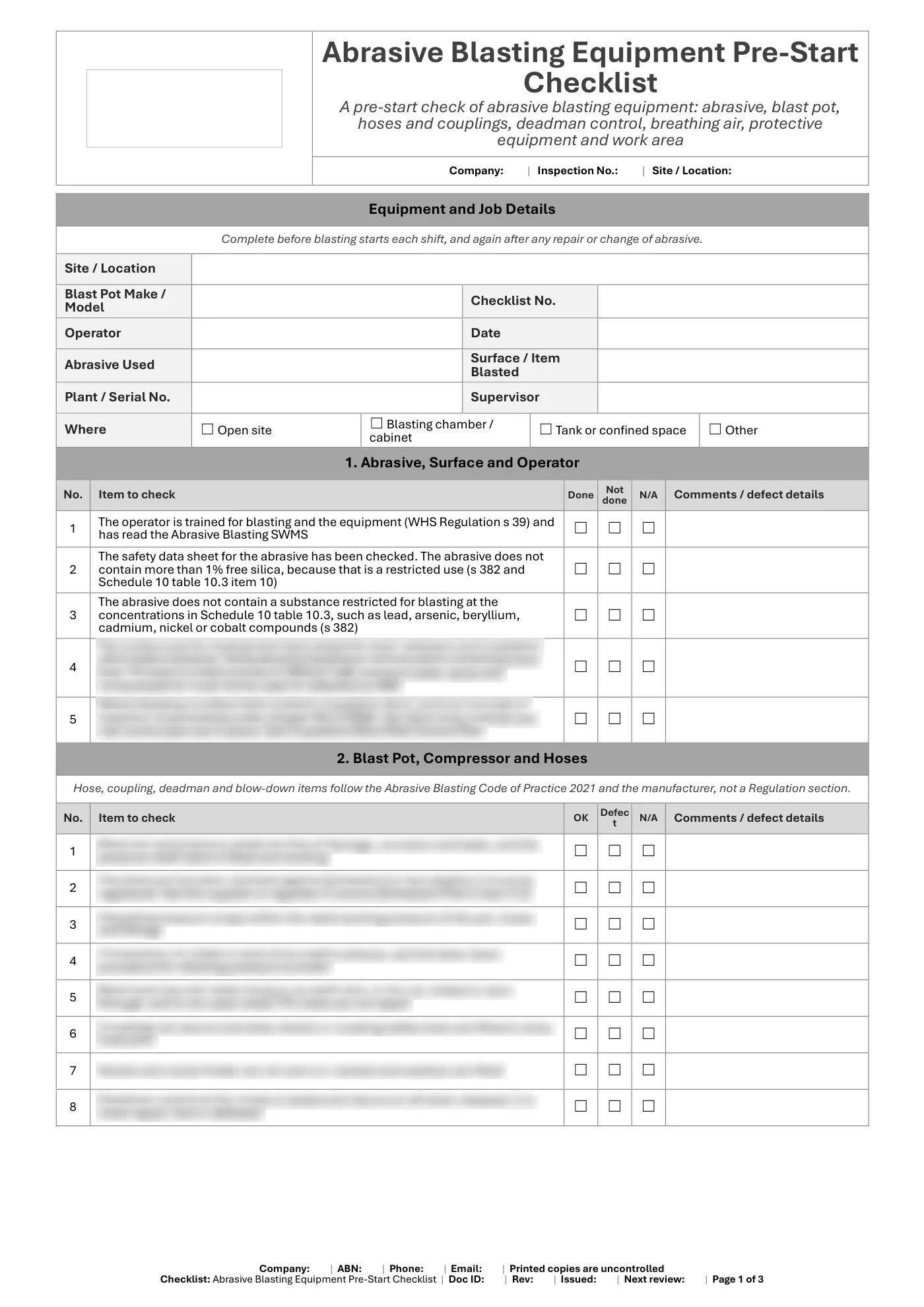 Abrasive Blasting Equipment Pre-Start Checklist: sample page 1