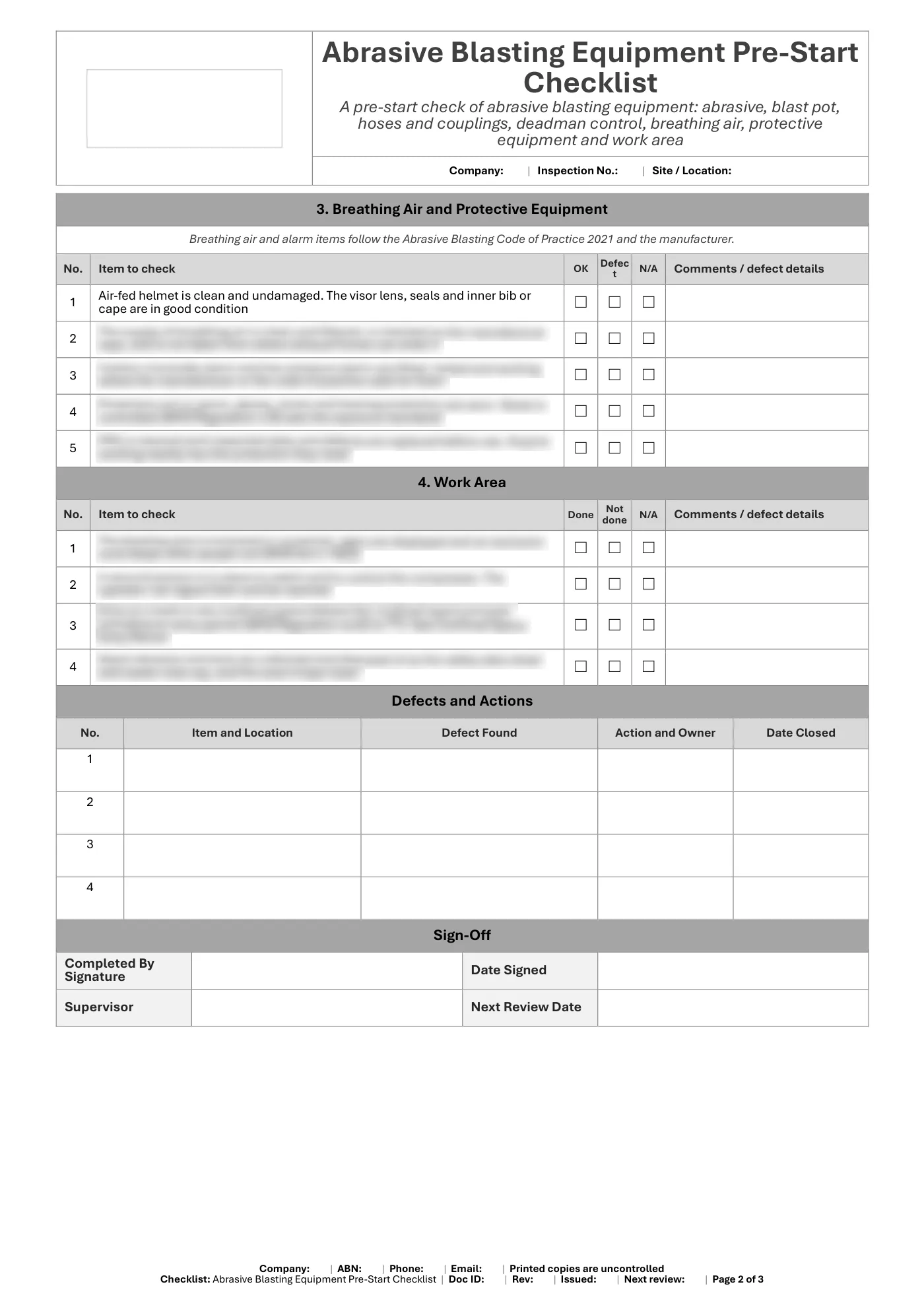 Abrasive Blasting Equipment Pre-Start Checklist: sample page 2