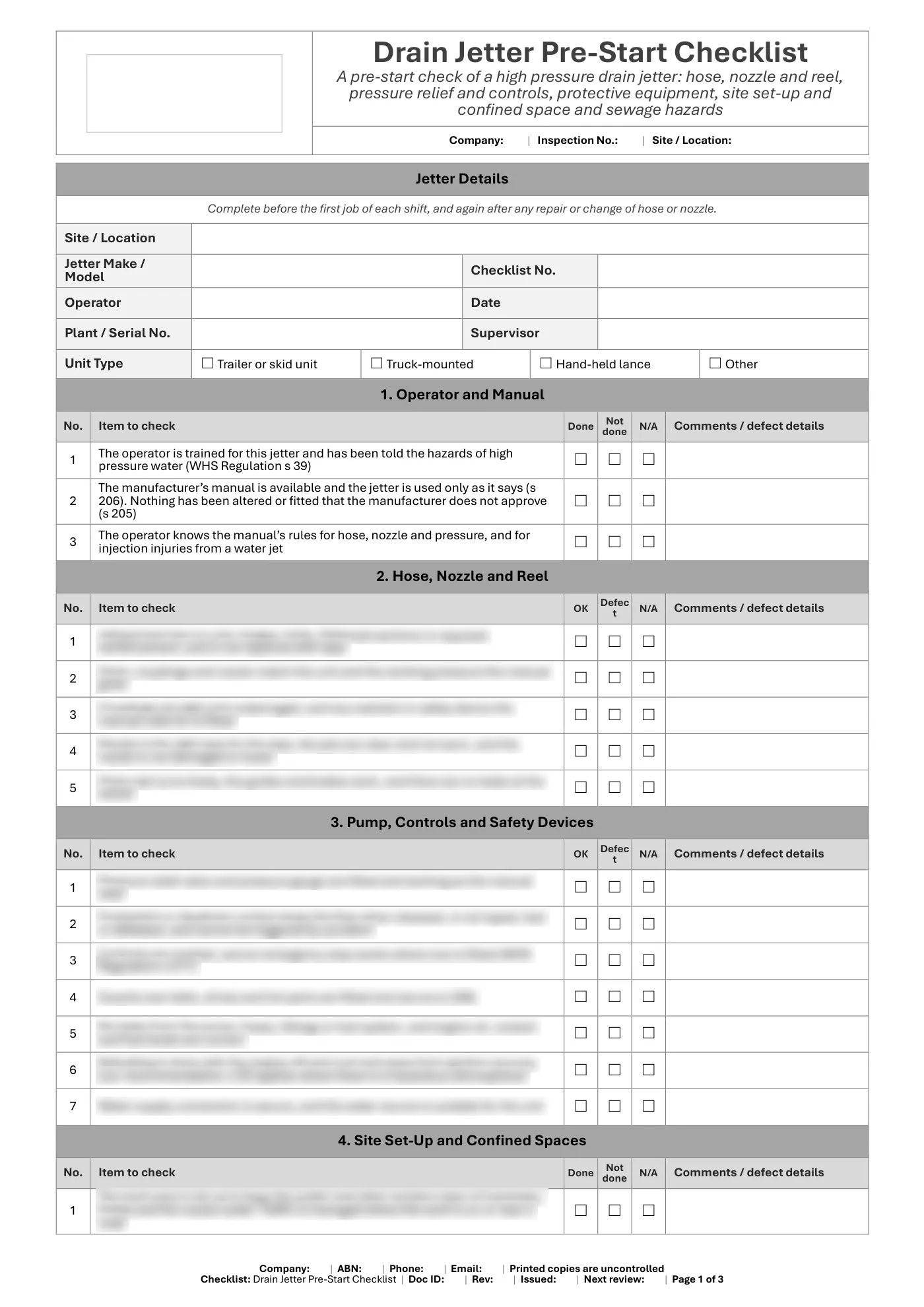 Drain Jetter Pre-Start Checklist: sample page 1