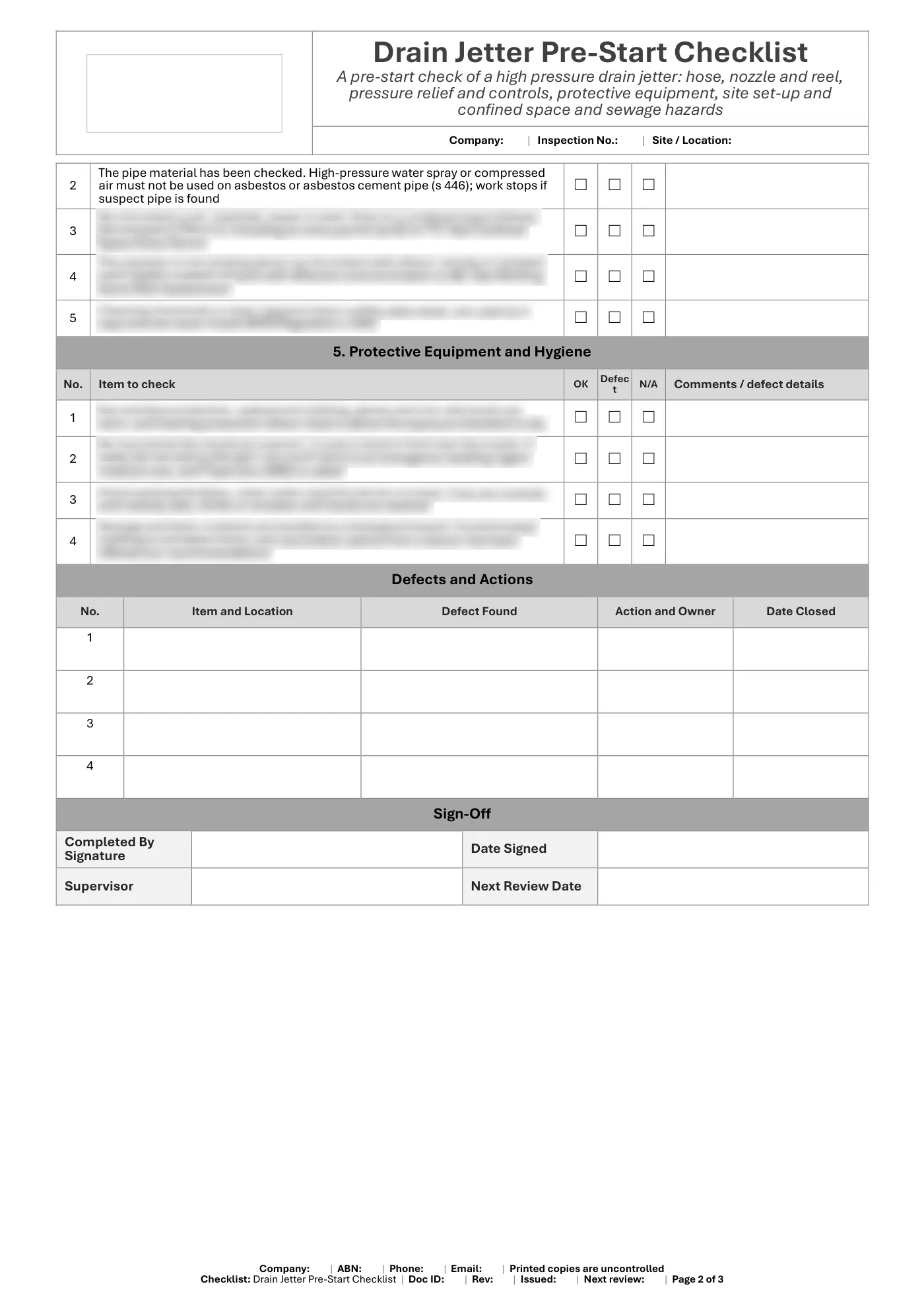 Drain Jetter Pre-Start Checklist: sample page 2