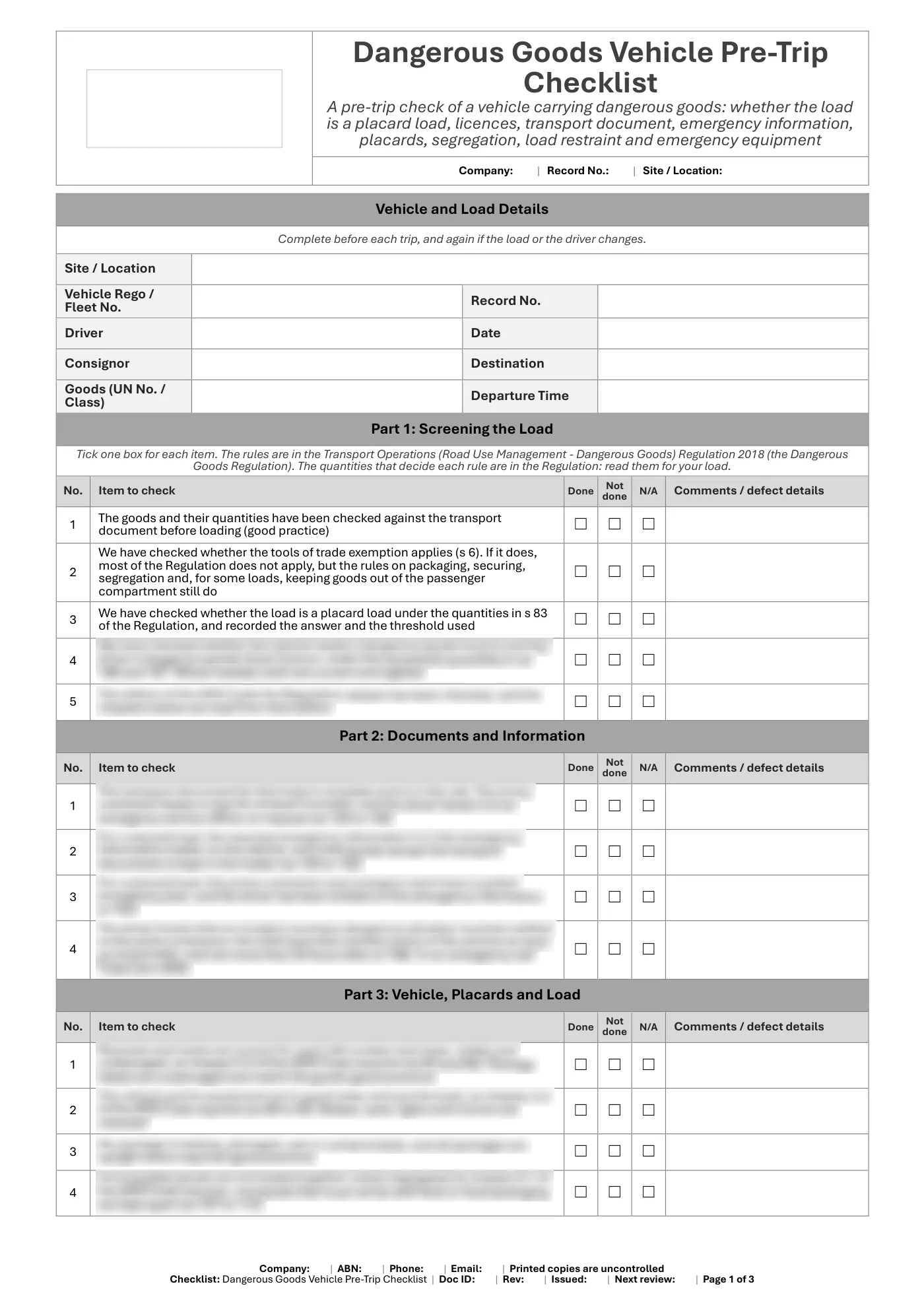 Dangerous Goods Vehicle Pre-Trip Checklist: sample page 1