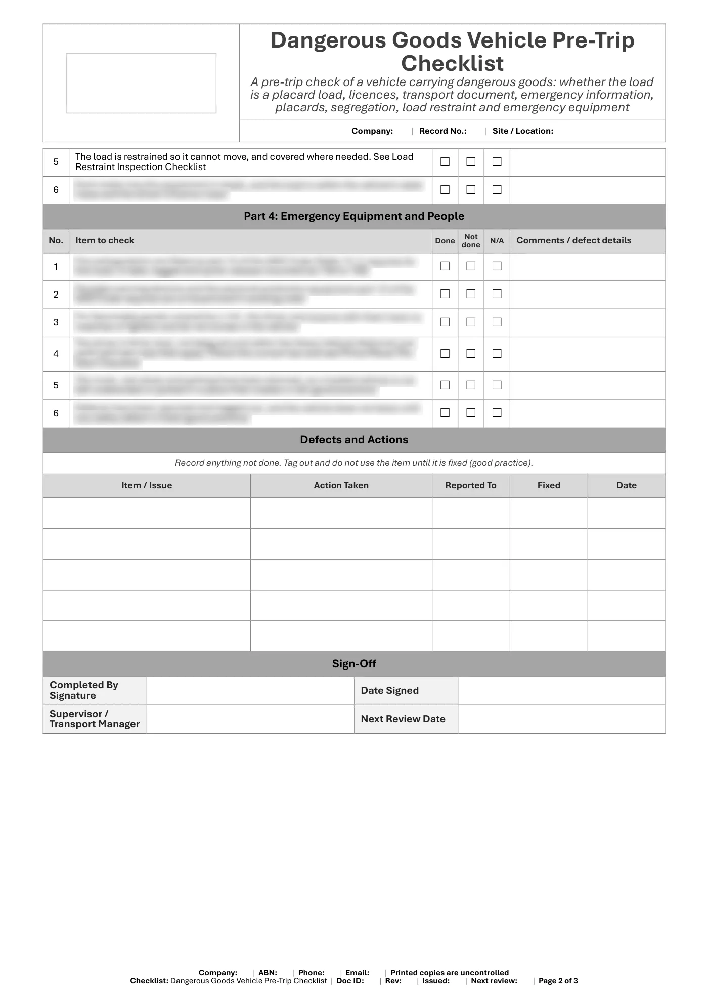 Dangerous Goods Vehicle Pre-Trip Checklist: sample page 2