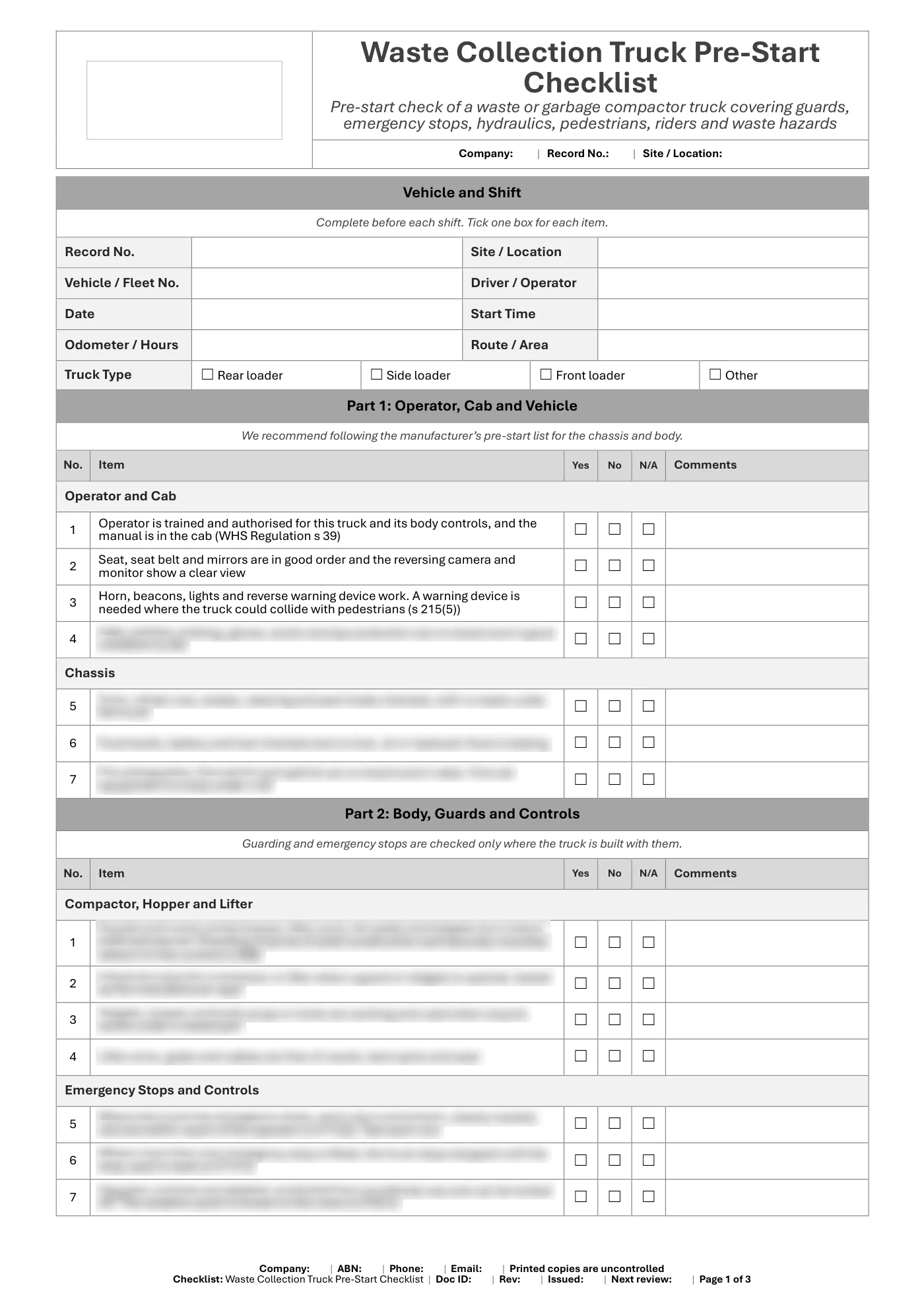 Waste Collection Truck Pre-Start Checklist: sample page 1