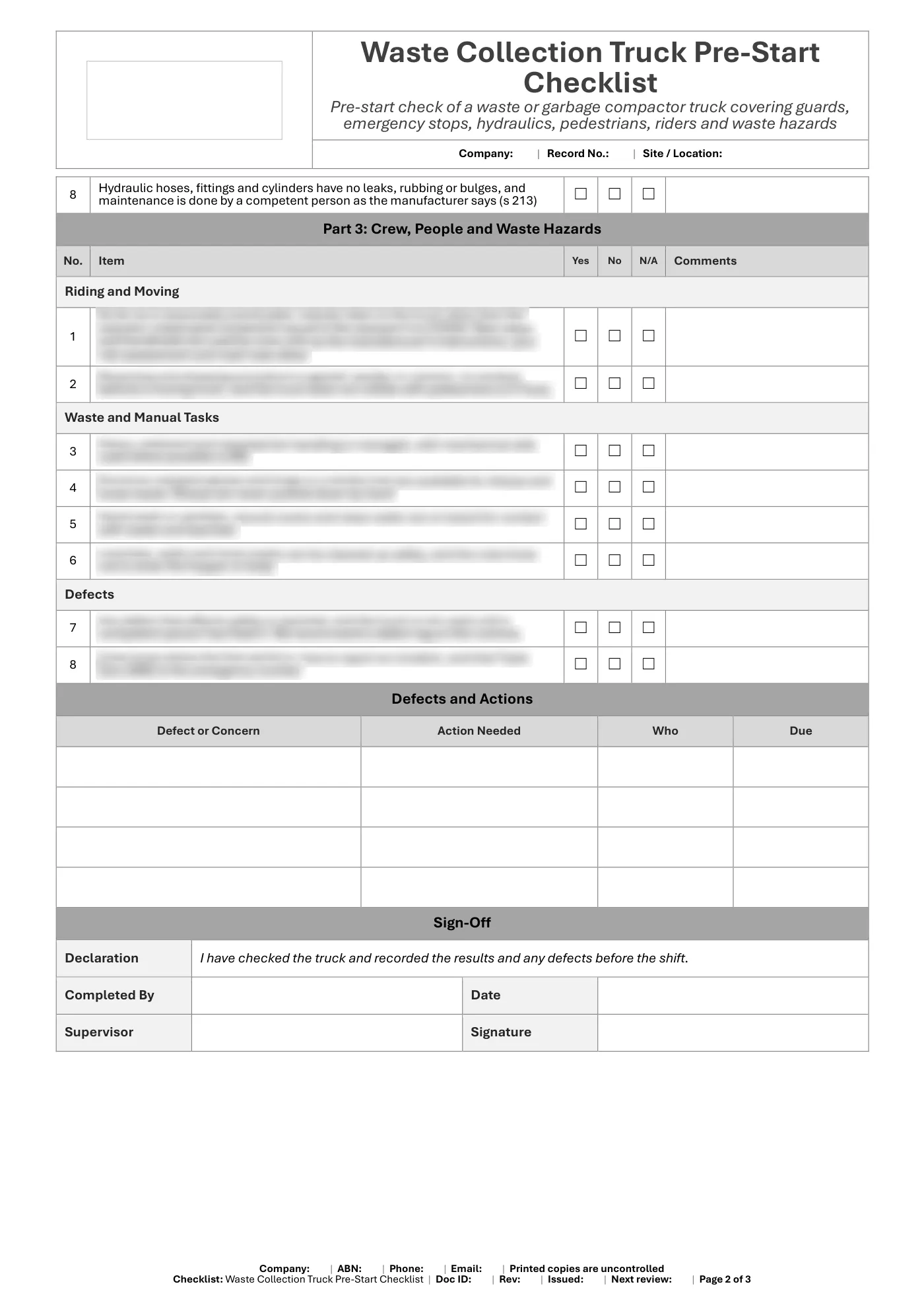 Waste Collection Truck Pre-Start Checklist: sample page 2