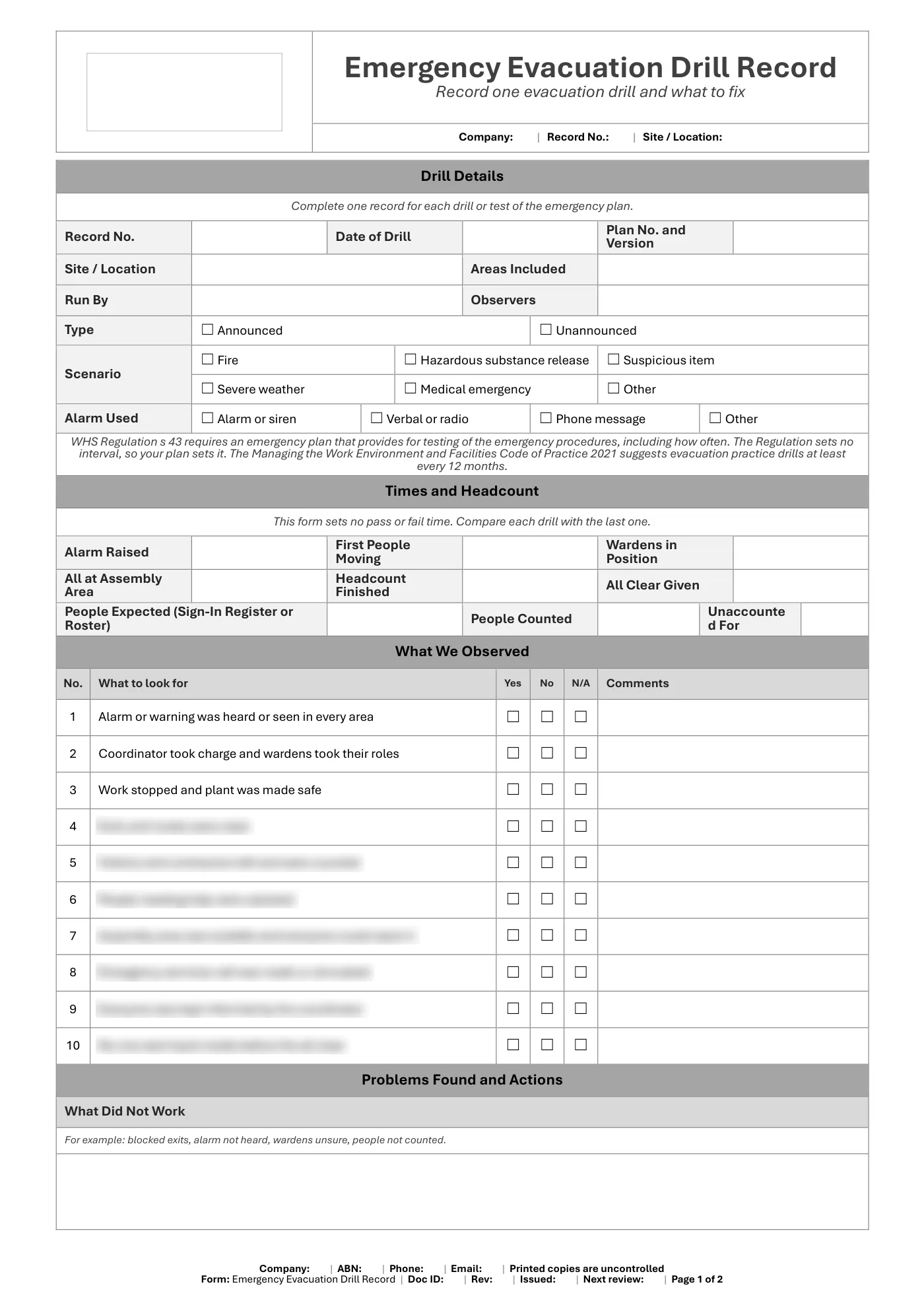 Emergency Evacuation Drill Record: sample page 1