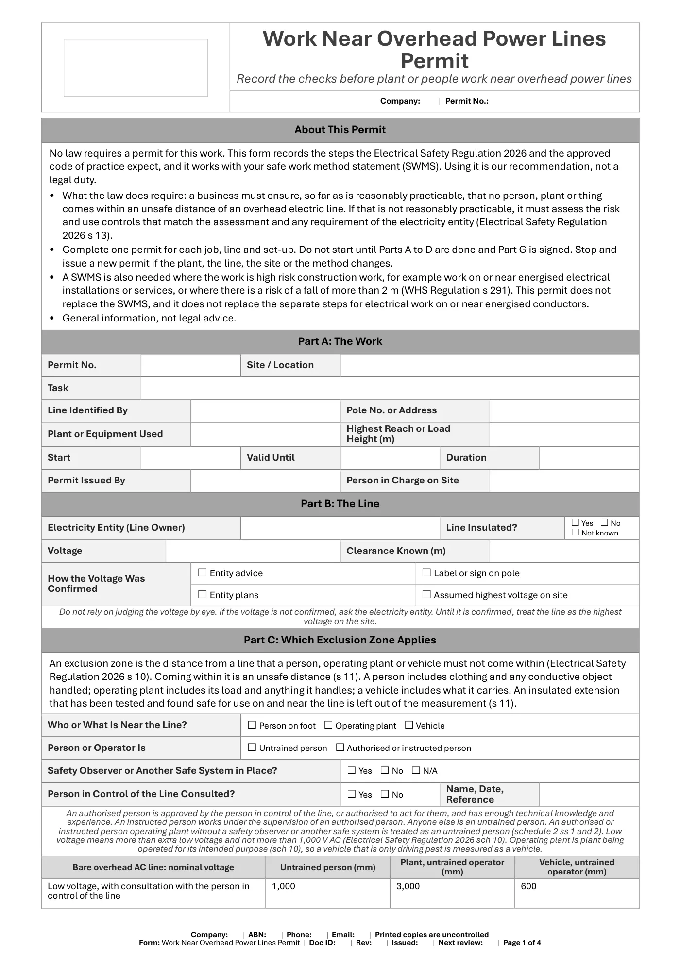 Work Near Overhead Power Lines Permit: sample page 1