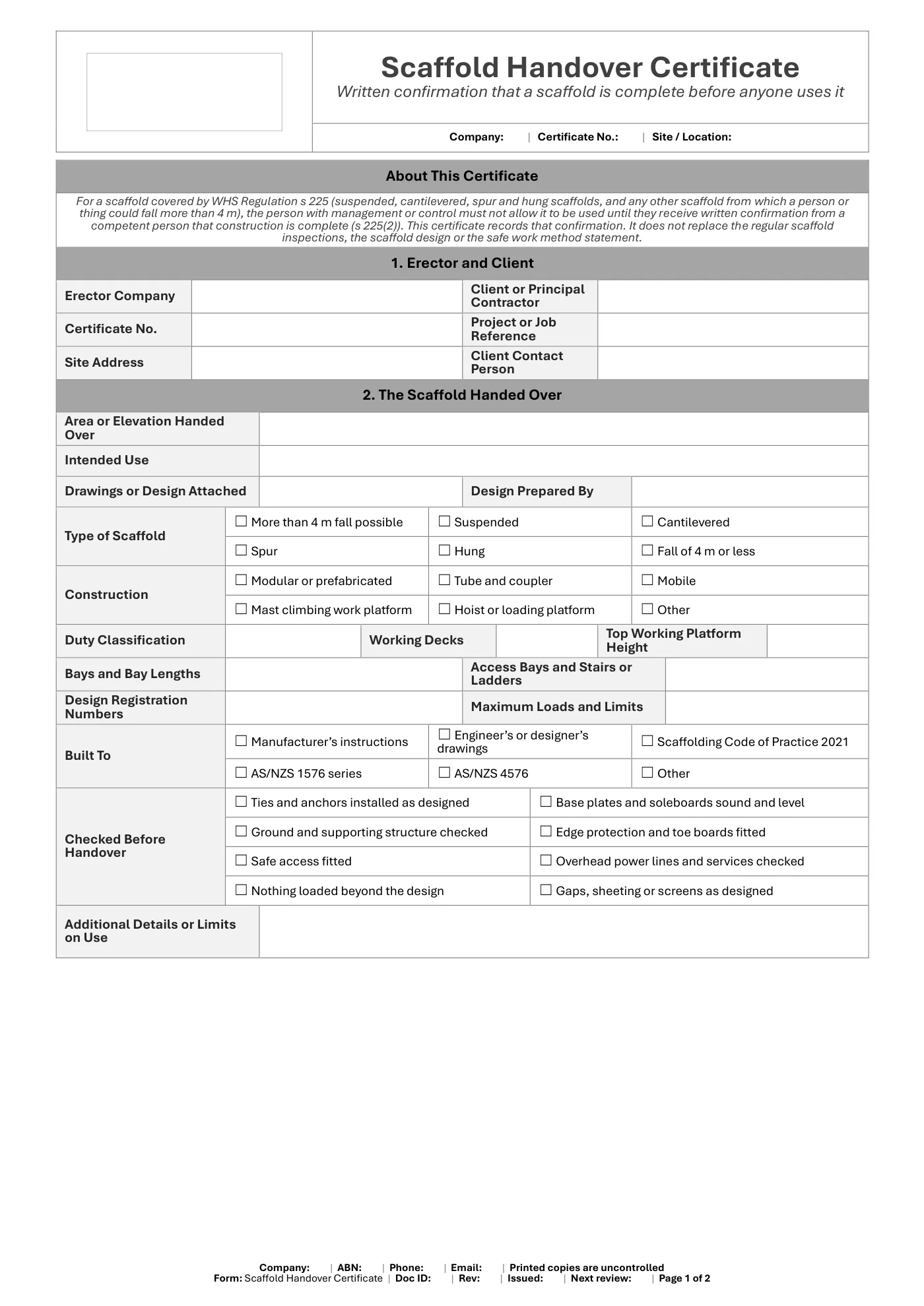 Scaffold Handover Certificate: sample page 1