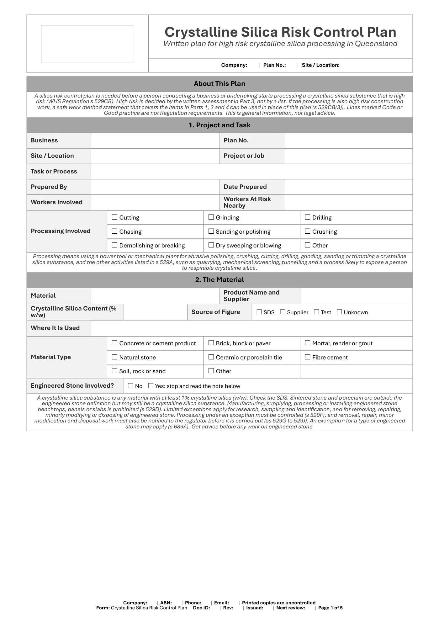Crystalline Silica Risk Control Plan: sample page 1